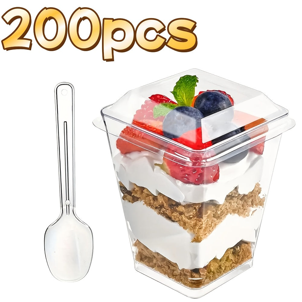 Disposable Dessert Cups with Lids & Spoons, 5oz Plastic Pudding Cups Set — 50/100/150/200 Pack Mini Clear Cups for Parties, Weddings, Picnics, Camping & Family Gatherings