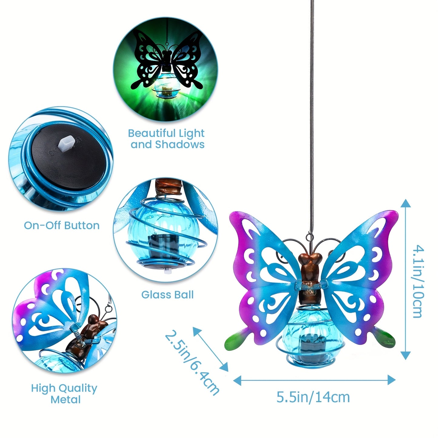 Solar Hanging Ornament Lights Ladybug & Butterfly – Waterproof Indoor Outdoor Decorative Garden Light with Spring Clips for Patio, Balcony, Porch & Trail, 5.5x2.5in