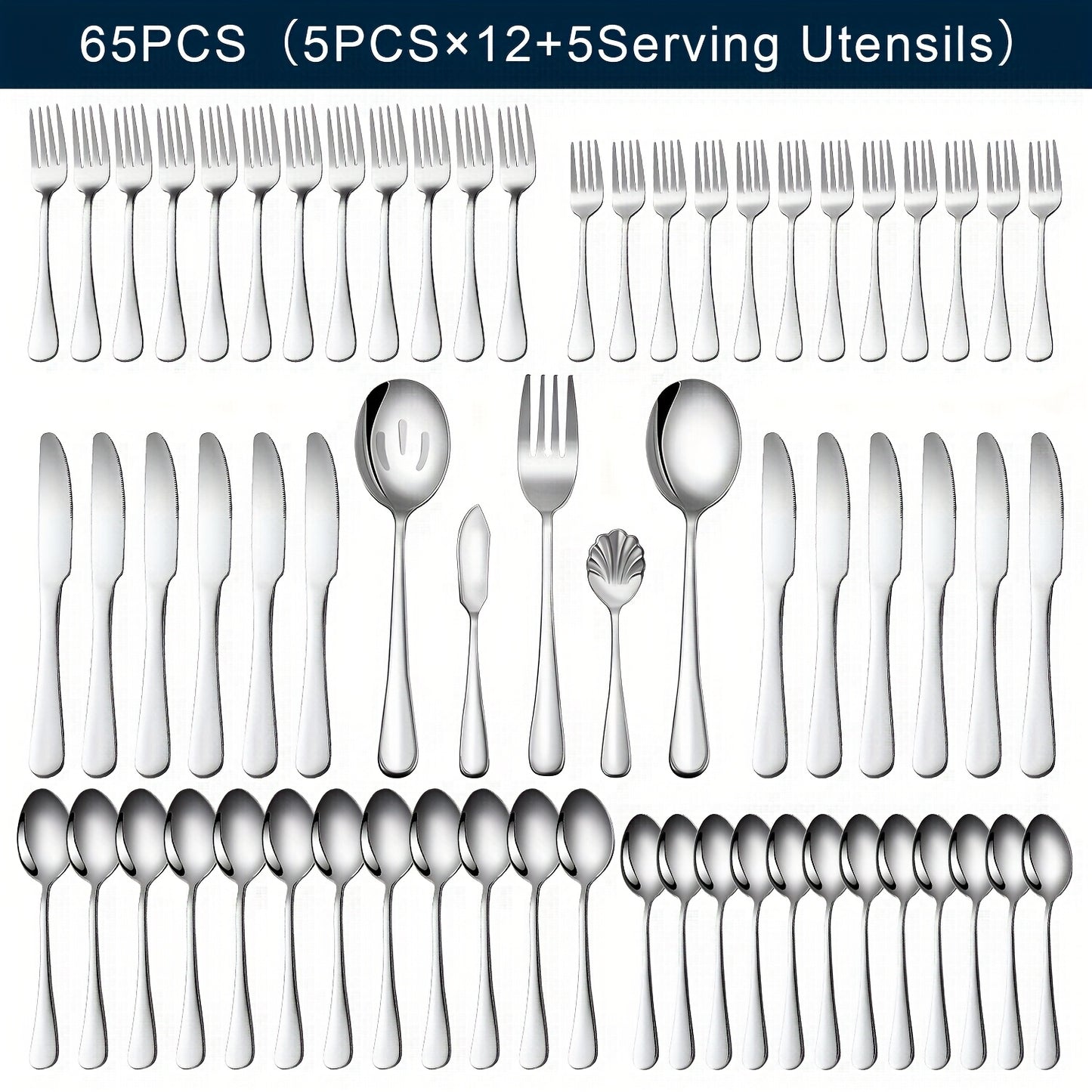 Stainless Steel Silverware Set Flatware Set with Forks Spoons & Knives – Modern Cutlery Set for Kitchen, Dining & Parties, Service for 4/6/12, 20/24/30/65 Piece