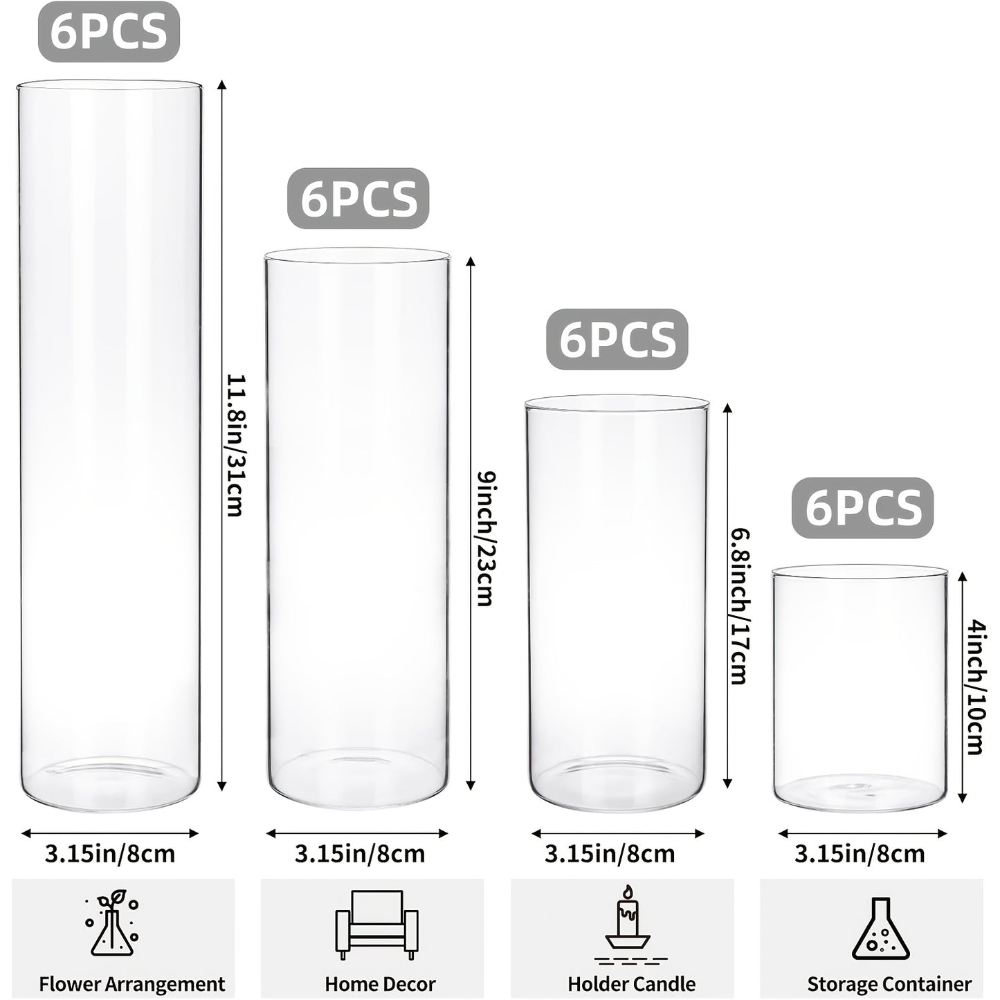 Glass Cylinder Vases Set 12 or 24pcs Clear Tall Flower Vase Candle Holder 4 Sizes for Wedding Centerpieces Home Decor Party Table Decoration DIY Candle Making