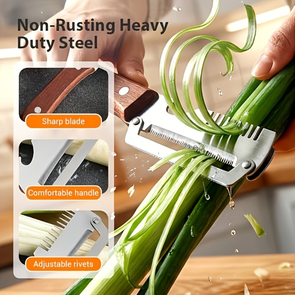 Stainless Steel Vegetable Peeler Set 2pcs – Multi-functional Kitchen Peeler with Scallion Cutter, Straight Blade, Wooden Handle & Bottle Opener