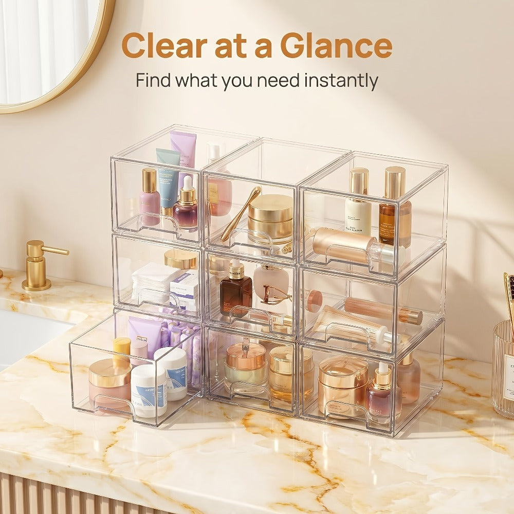 Clear Stackable Storage Drawers 8 Pack – Acrylic Bathroom Organizer Bins with Pull-Out Handle, BPA-Free Plastic Makeup Storage for Vanity, Kitchen, Pantry, Home Organization
