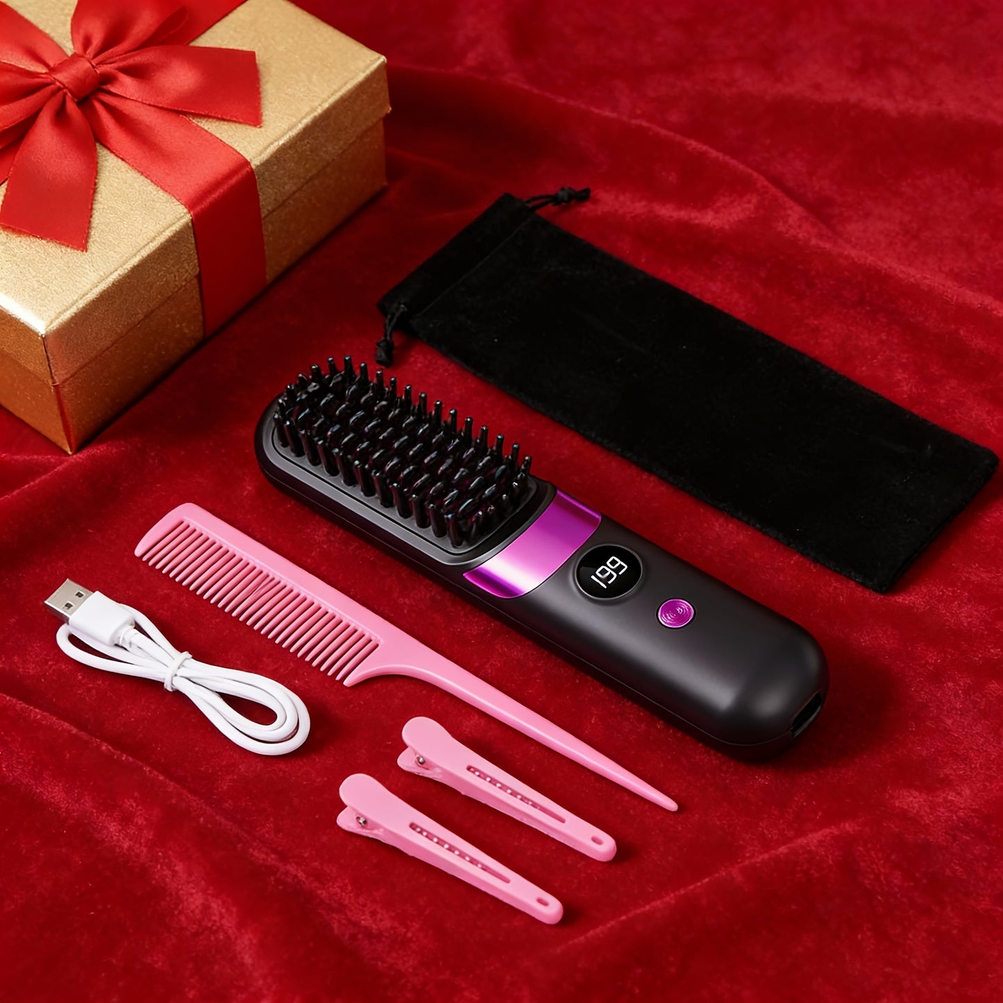 Wireless Hair Straightener Comb USB Rechargeable | Cordless Straightening Brush with Negative Ion, 3-Speed Temp Control, LED Display – Travel Hair Styler