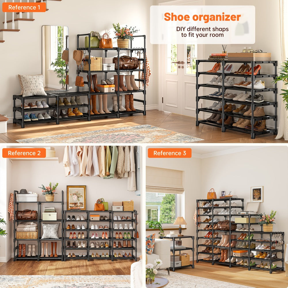 Large Metal Shoe Rack 4-Row 9-Tier Freestanding Shoe Organizer for Entryway Bedroom Hallway | 64-Pair Capacity Shoe Tower with Golden Tubes DIY Adjustable Shelves Space-Saving Vertical Shoe Storage