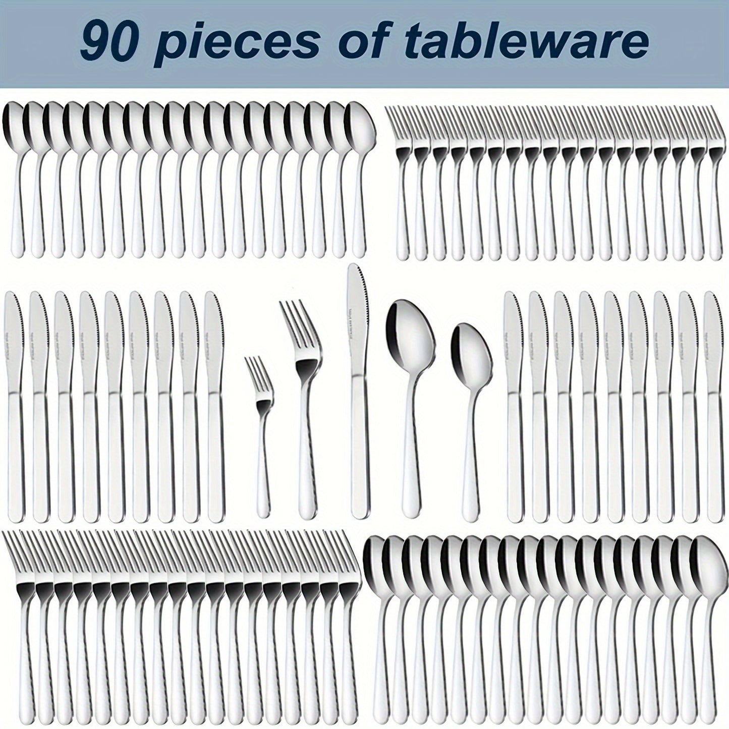 Stainless Steel Silverware Set 60 or 90 Piece with Gift Box – Service for 12 or 18, Includes Steak Knives, Salad Forks & Dessert Spoons, Dishwasher Safe Cutlery for Home, Wedding & Outdoor