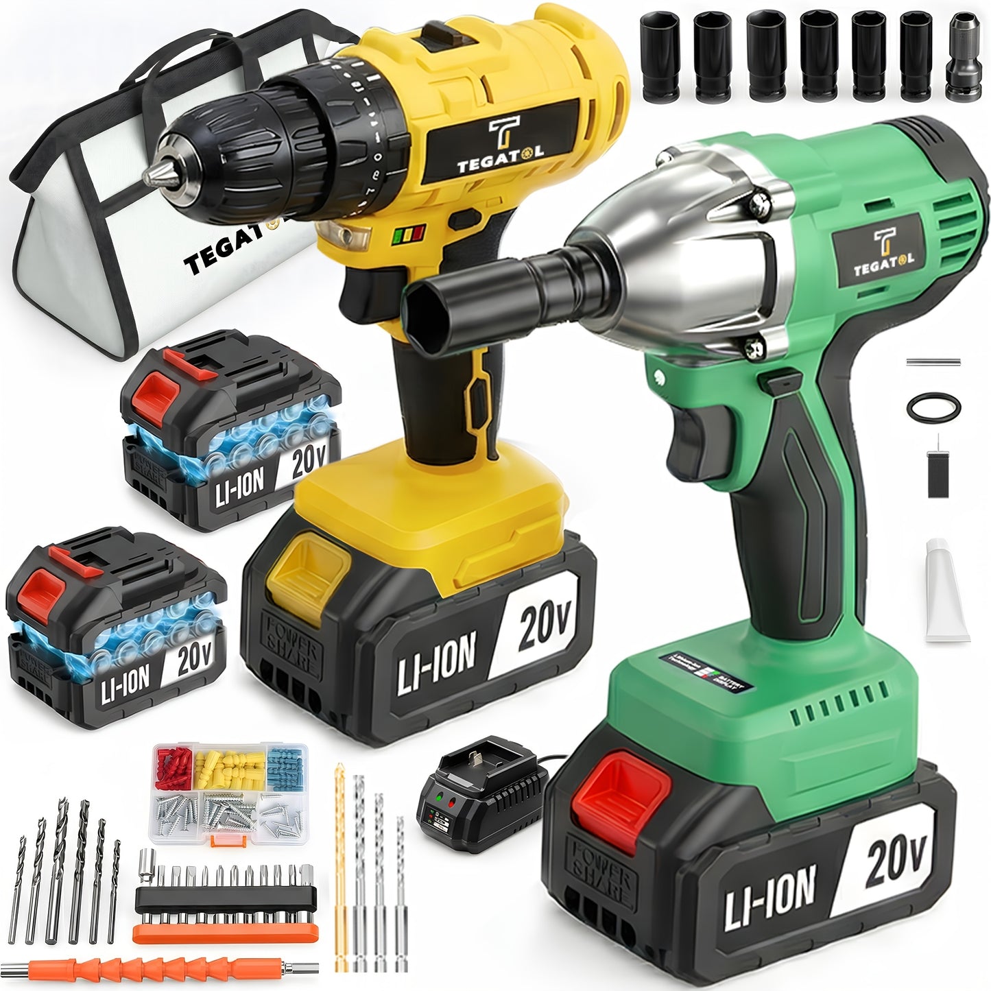 20V Brushless Power Tool Combo Kit | 4-Tool Cordless Set with Impact Wrench, Hammer Drill, Angle Grinder & Electric Drill – 3 Batteries Included for Home Renovation & Construction