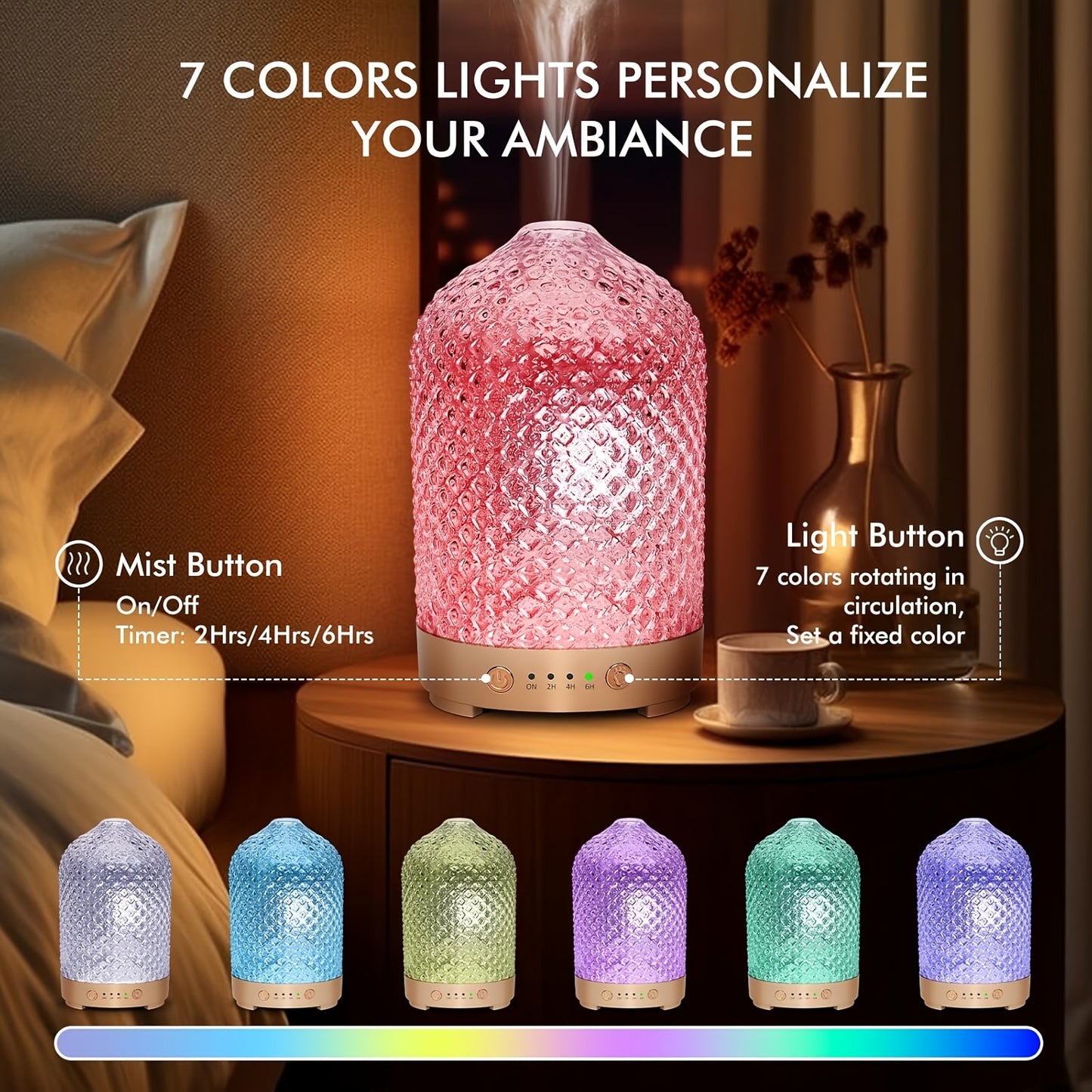 Essential Oil Diffuser Aromatherapy Humidifier with 7 Color LED Lights, Whisper-Quiet Operation, Auto Timer & Shut-Off, Cool Mist for Bedroom, Office, Yoga, Sleep — 200ml & 6.76oz Options