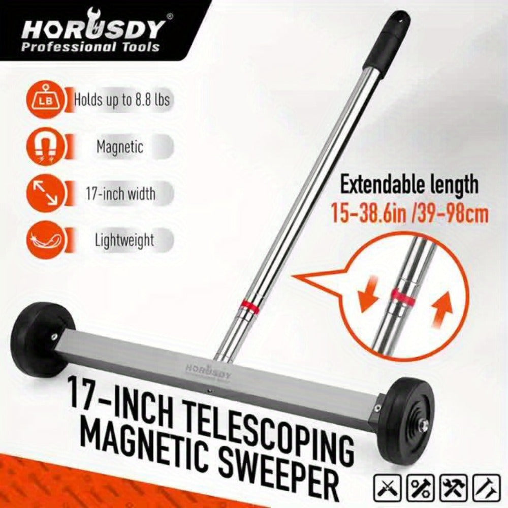Rolling Magnetic Sweeper 17-Inch with Wheels – Heavy Duty 8.8lb Capacity Telescoping Adjustable Handle 15–38 Inch Picks Up Screws Nails Nuts for Garage Workshop Construction