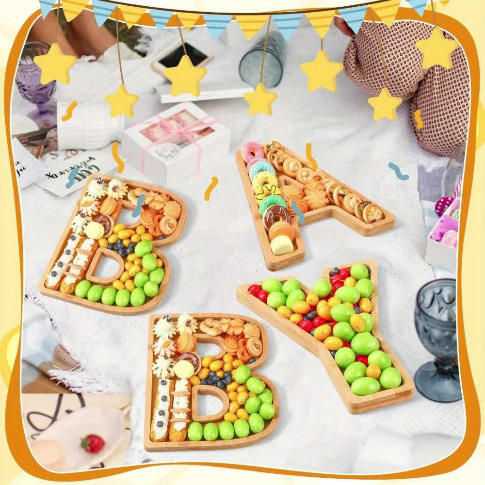 Baby Shower Charcuterie Board Set – 4-Piece BABY Letter Shaped Wooden Serving Tray, Bamboo Snack Platter for Gender Reveal, Birthday Party, Cake & Cookie Display