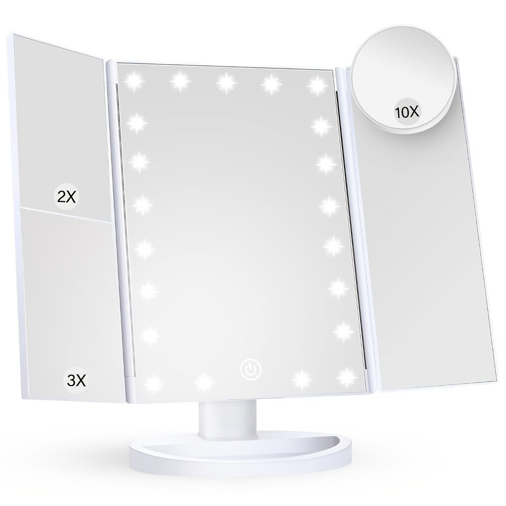LED Tri-Fold Makeup Mirror with Touch Screen – 1X/2X/3X/10X Magnifying Vanity Mirror, Flexible Adjustable Base, Lighted Travel Mirror for Makeup Desk, Bedroom & Bathroom | Gift for Women
