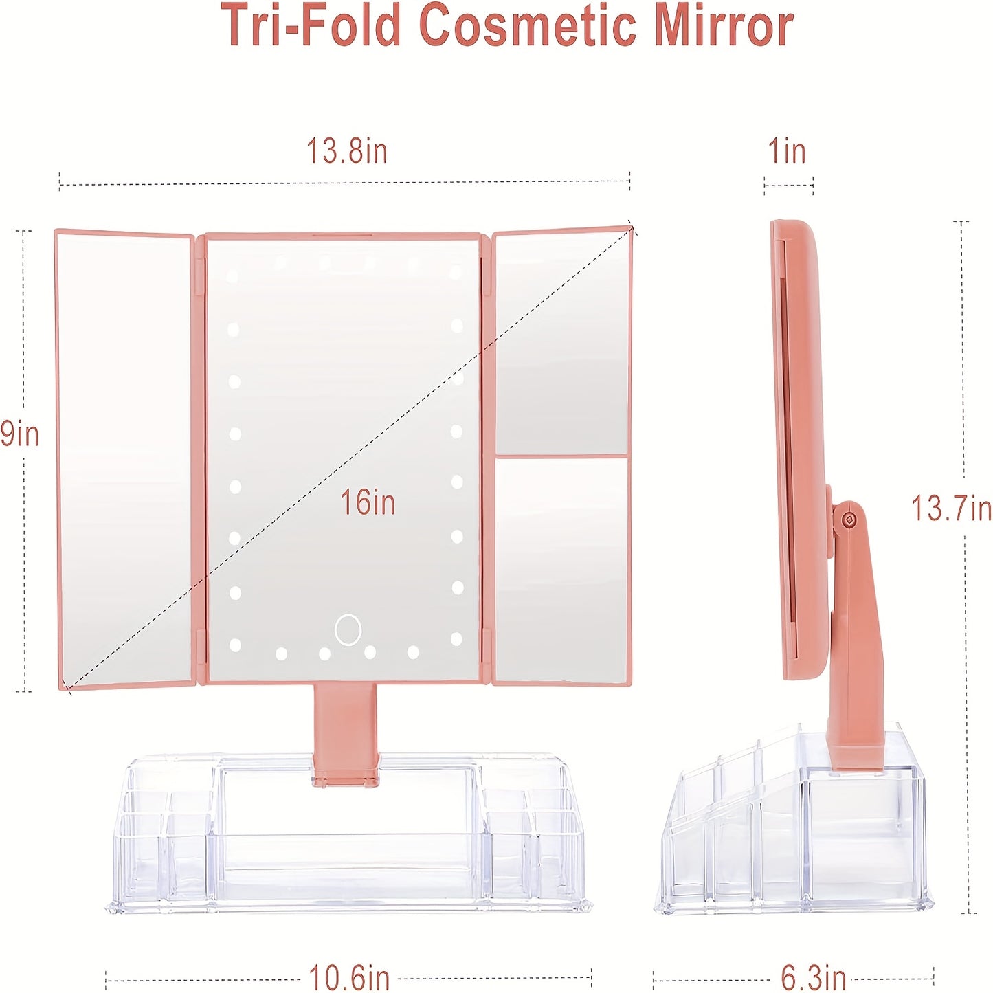 Lighted Makeup Mirror with Storage – Tri-Fold Vanity Mirror 24 LED Lights, Touch Screen, 3X/2X/1X Magnification, 180° Rotation, Dual Power Supply, White & Rose Gold