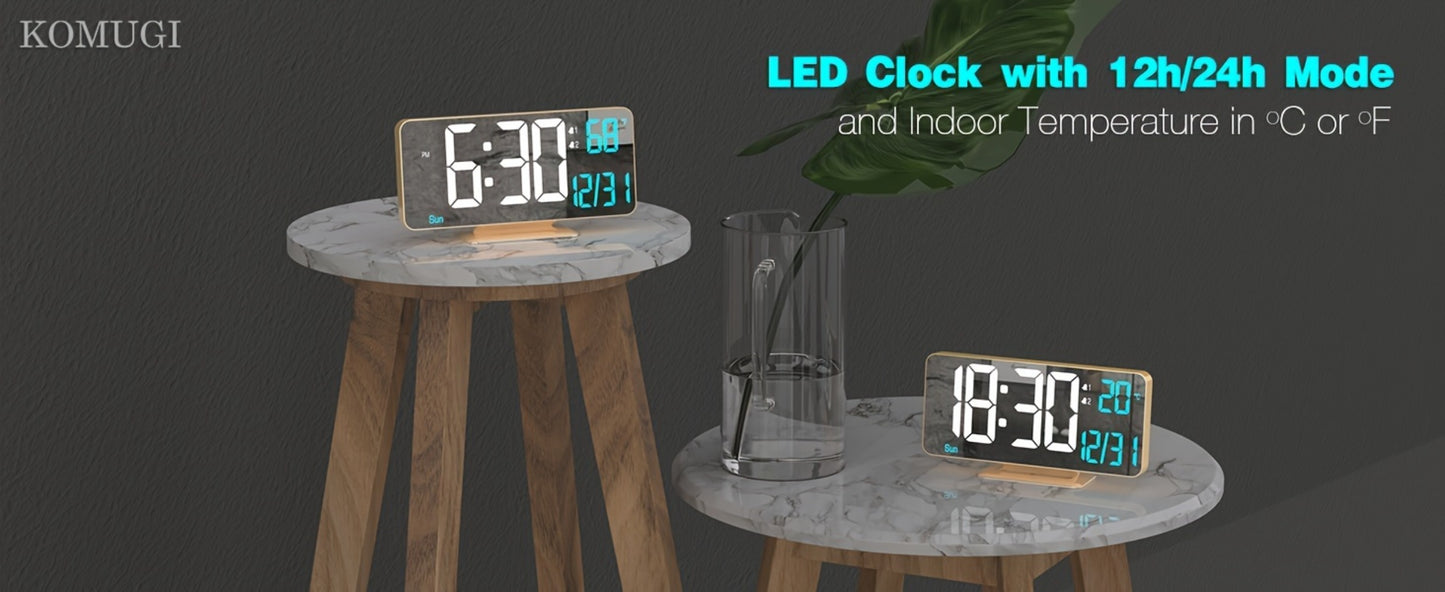Large Digital Alarm Clock 6.7" with Dual Alarm & Dimmable LED Display – USB Powered Desk Clock with Temperature, Date & Day of Week | Modern Golden Bedside Clock for Bedroom, Living Room & Office