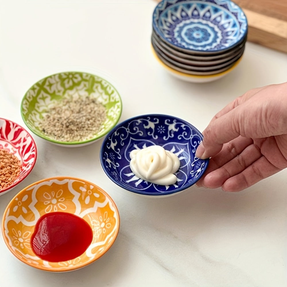 Ceramic Condiment Dish Set of 10 – Bohemian Small Saucer Dipping Bowls for Soy Sauce, Vinegar & Spices | Kitchen, Restaurant, Party, BBQ & Picnic Use | Machine Washable