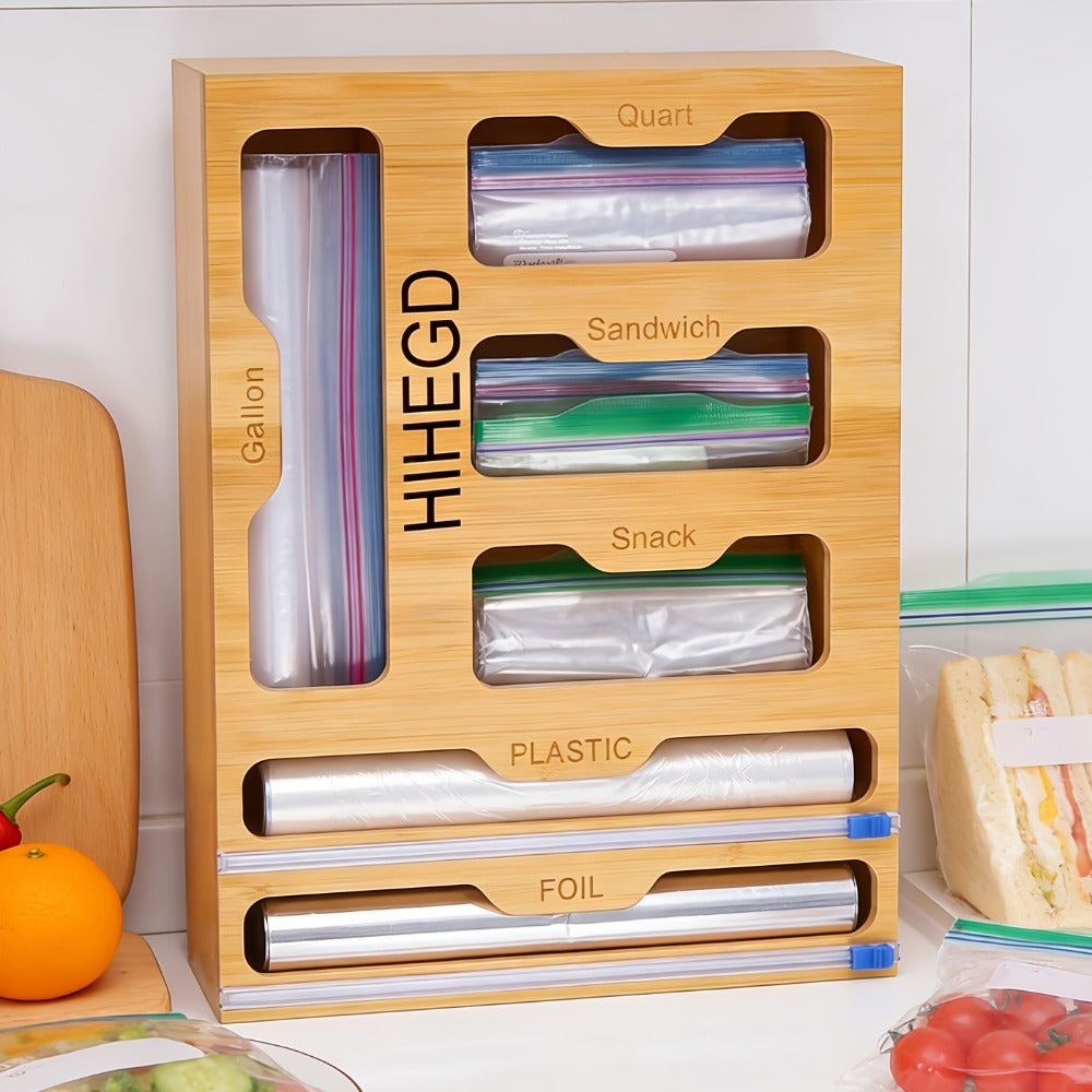 Bamboo Wrap Dispenser 6-in-1 Kitchen Organizer – Built-In Cutter, 6-Grid Storage Box for Plastic Wrap, Aluminum Foil & Bags, Space-Saving Drawer Organizer for Pantry & Kitchen Counter