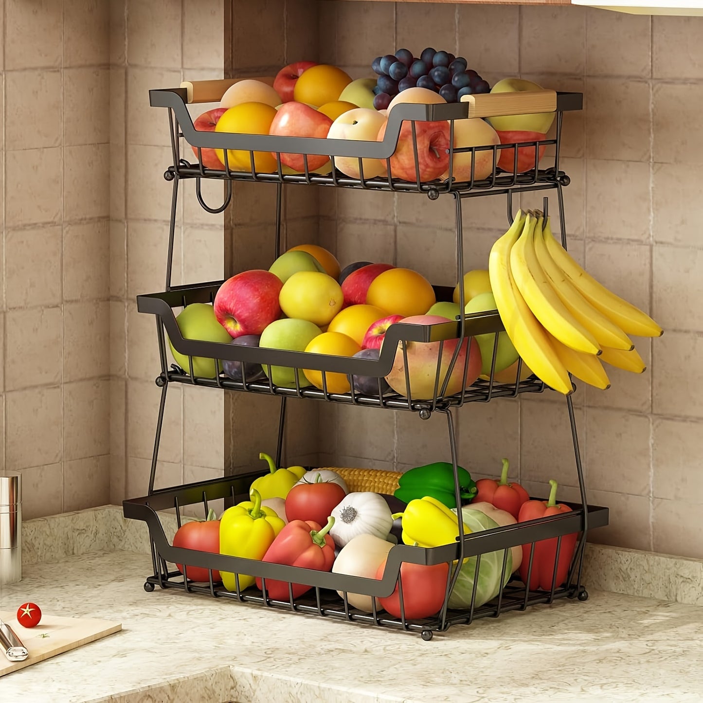Fruit Basket with Banana Hanger, 2-3 Tier Metal Countertop Organizer with Wooden Handle โ Detachable Kitchen Storage Stand for Fruits, Vegetables & Bread | Large Capacity | Black