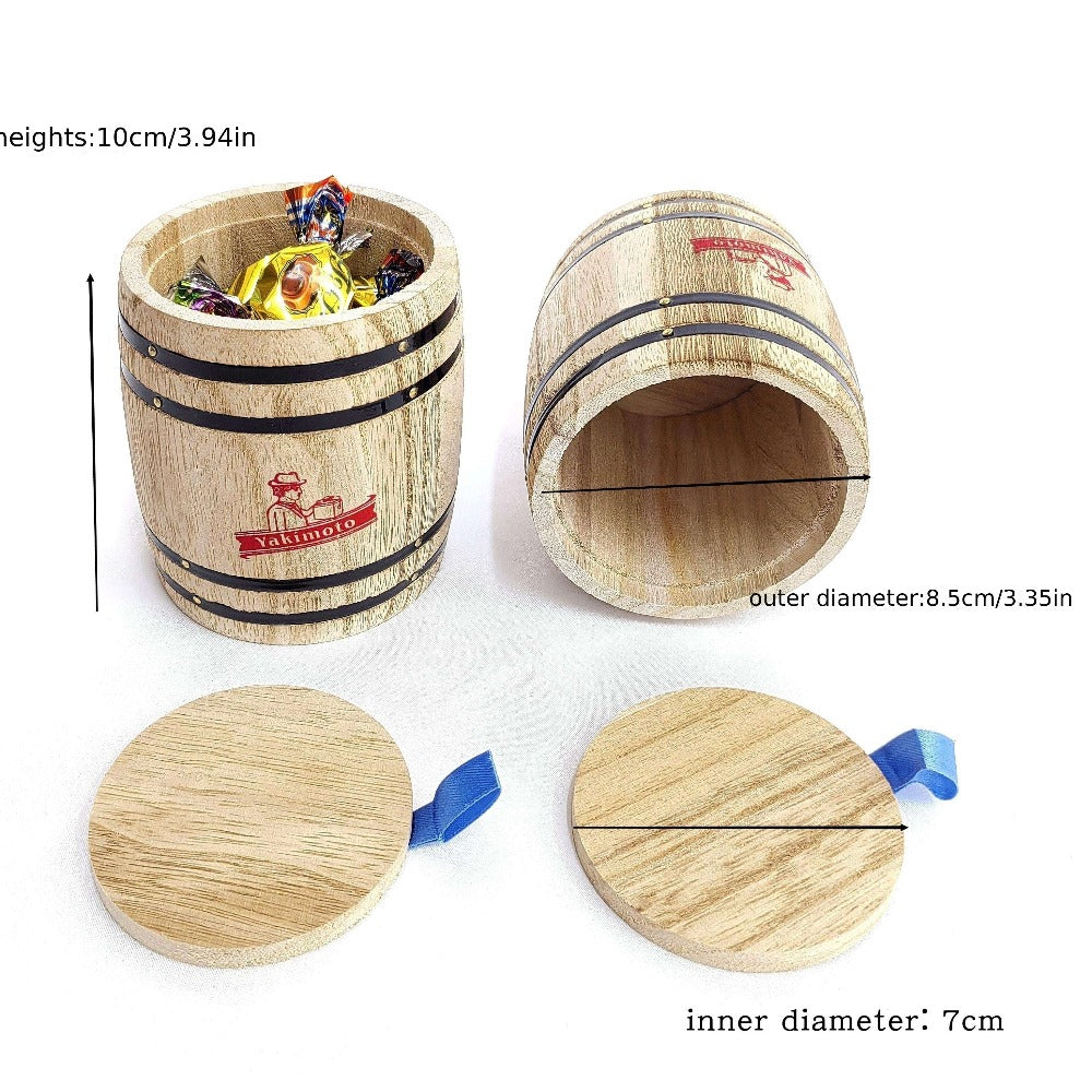 Wooden Barrel Storage Jar with Lid – Rustic Mini Desktop Organizer for Coffee Beans, Sugar, Candy, Keys, Coins & Jewelry | Vintage Handcrafted Trinket Box | Retro Home Office Decor Gift