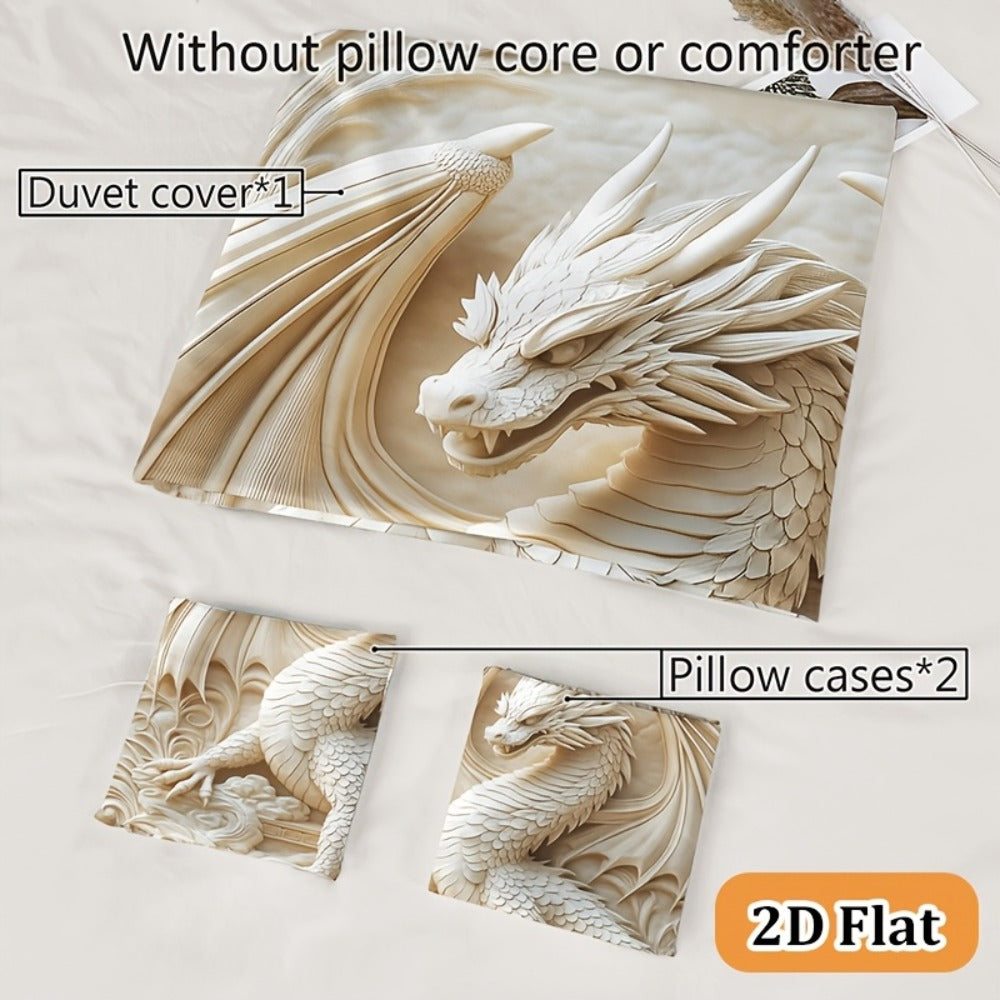 Dragon Print Duvet Cover Set 3-Piece – Boho Dragon Totem Bedding, Soft Polyester Comforter Cover with 2 Pillowcases, Twin Full Queen King, Dorm Room Decor
