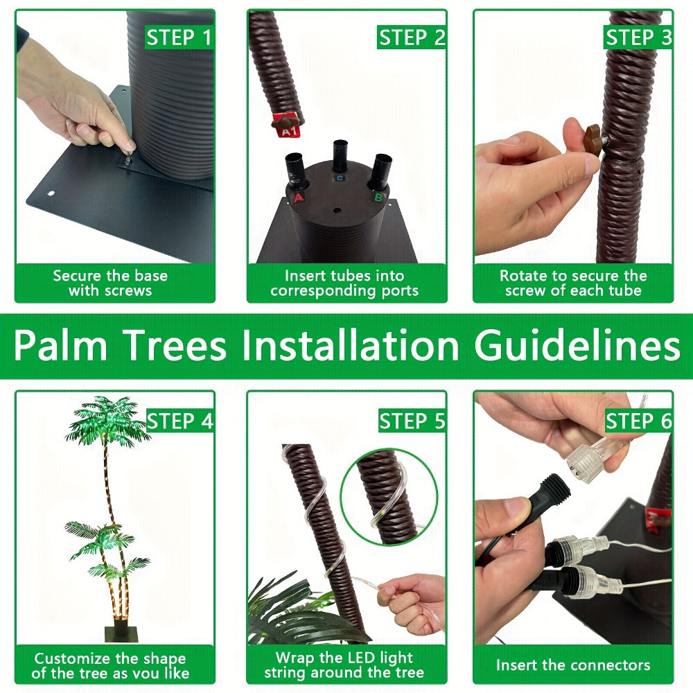 Lighted Artificial Palm Tree Solar Powered 7FT with 3 Trunks & 260 LED Lights, 8 Lighting Modes 2600mAh Battery, Outdoor Indoor Fake Palm Tree Decor for Tiki Bar Patio Yard Pool Beach Party