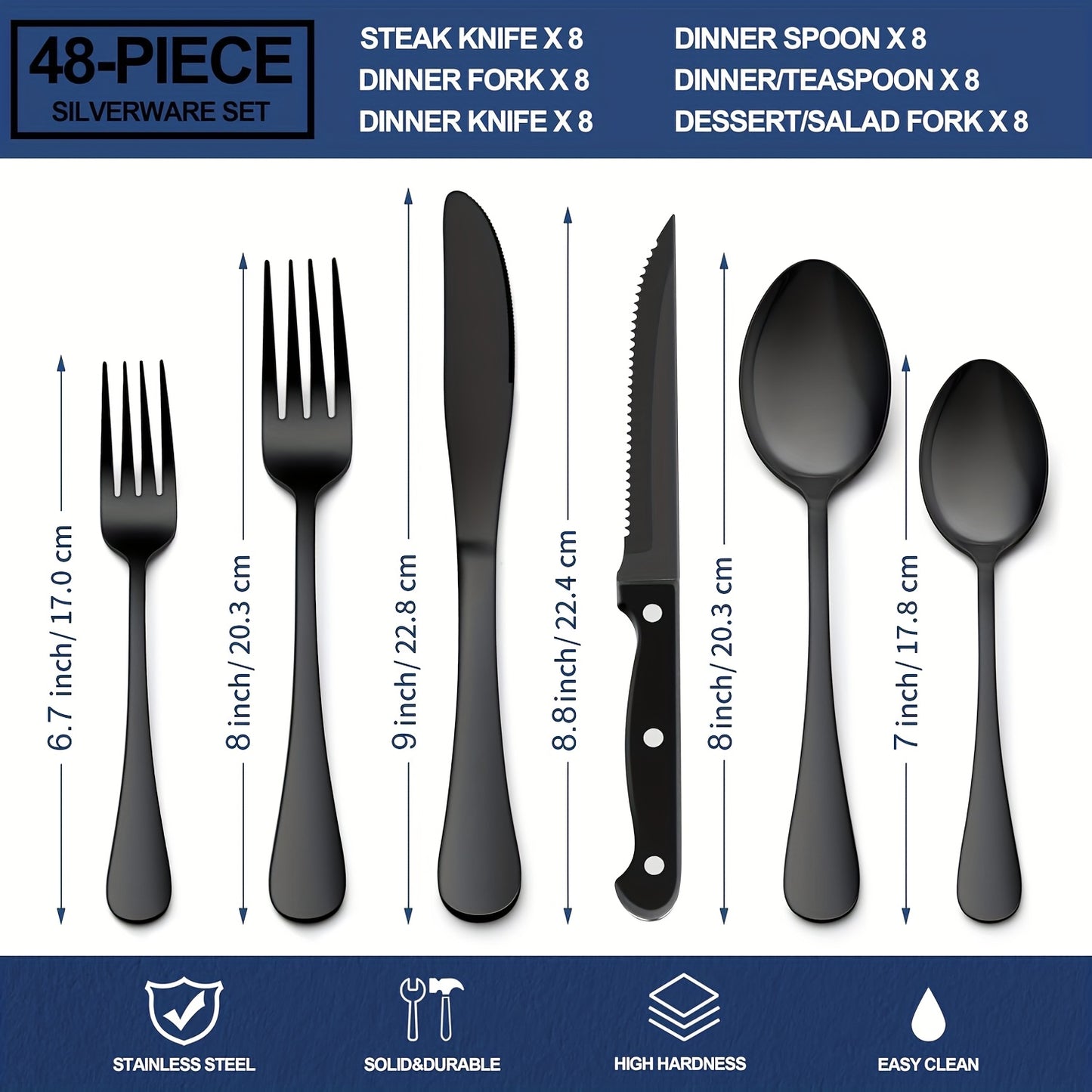 Stainless Steel Flatware Set with Steak Knives – 24/48 Piece Silverware Set Service for 4 or 8, Mirror Polished Cutlery, Dishwasher Safe, Silver & Black