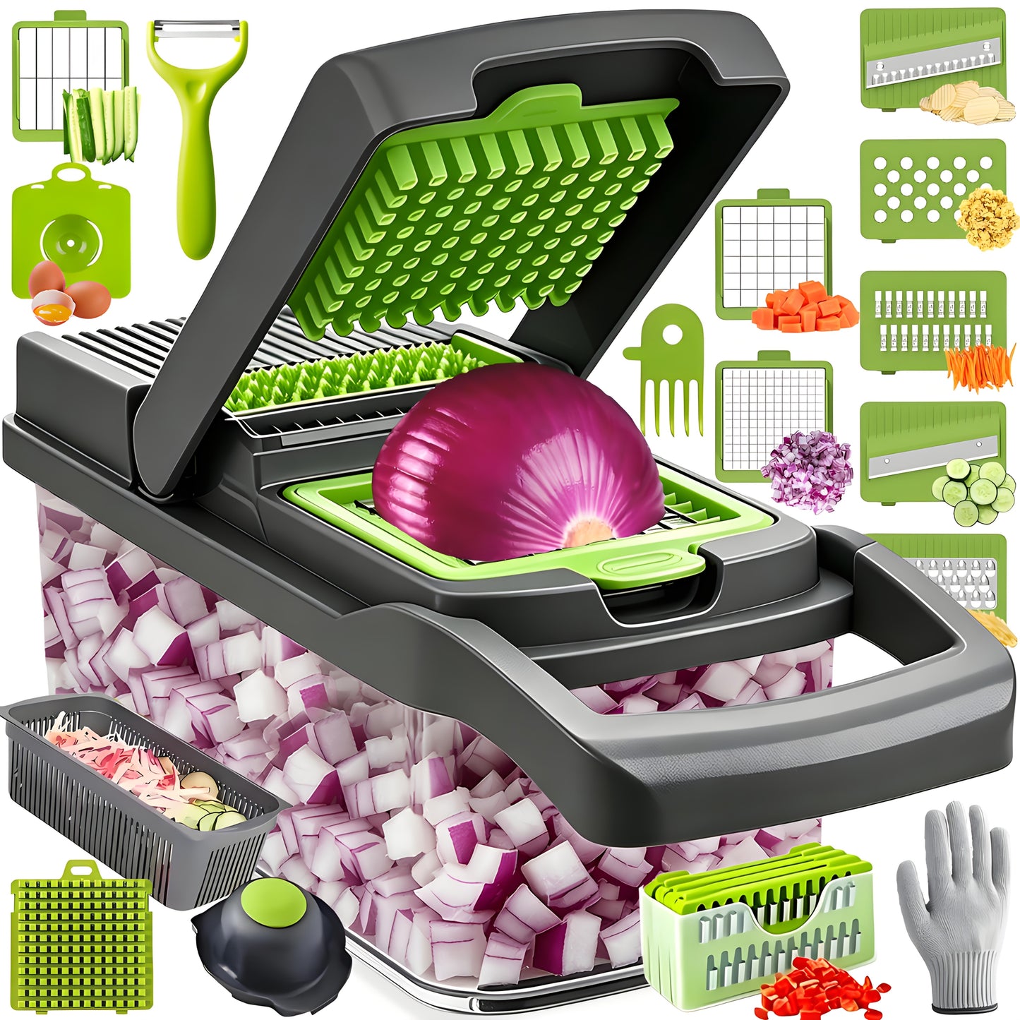 Vegetable Chopper 18-in-1 Multifunctional Food Chopper & Mandoline Slicer with Container – Onion Dicer, Adjustable Cutter for Kitchen Meal Prep, Gray