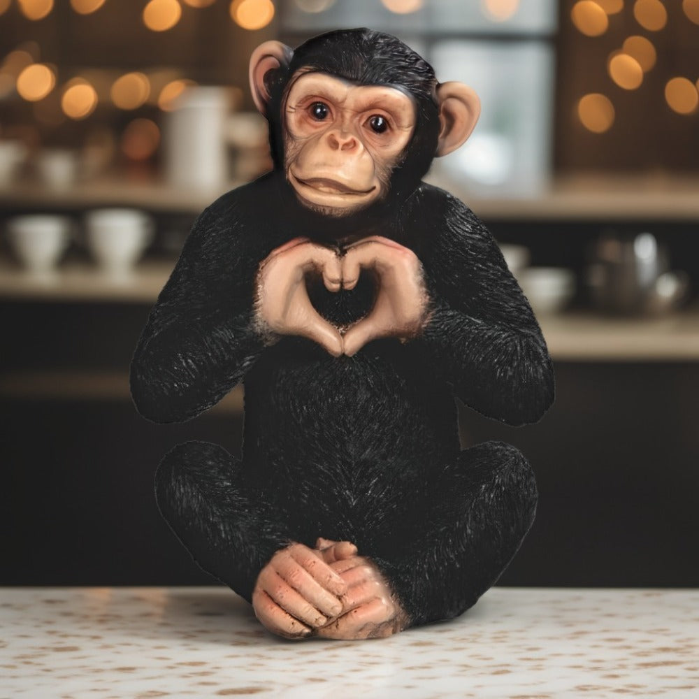 Chimpanzee Figurine with Heart Hand Sign – 5 Inch Polyresin Monkey Statue for Home Decor, Office, Collectible Gift for Birthday, Christmas & Housewarming