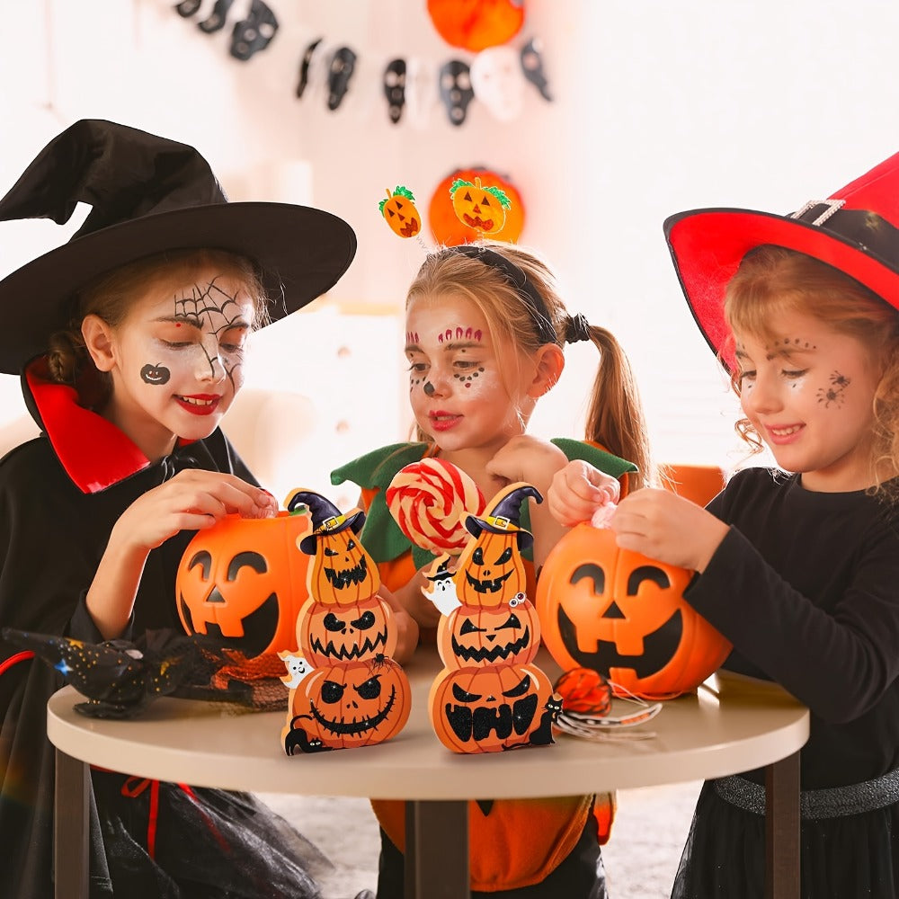 Halloween Tiered Tray Decor Set of 2 – Glittery Wooden Pumpkin Stack with Witch Hat, Spooky Centerpiece for Autumn & Fall Home Decoration, Halloween Tabletop Ornament & Seasonal Tiered Tray Accessory