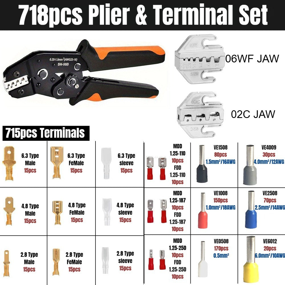 Wire Crimper Kit 718pcs SN-68B Ratchet Crimping Tool AWG28-16 with Replaceable Jaw & Assorted Terminals – Insulated Cable Connector Male Female Pair Electrical Wiring Set