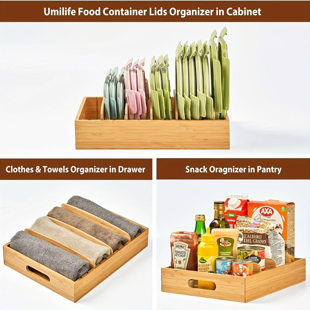 Bamboo Lid Organizer for Kitchen Cabinet with 5 Adjustable Dividers - Tupperware Lid Holder for Food Container Lids, Pot Lids Storage Rack with Writable Labels, 13" Wide