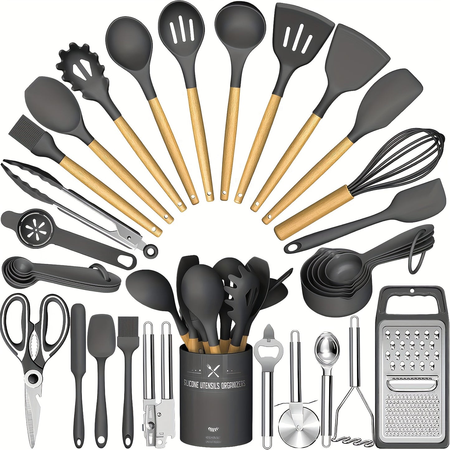 Silicone Kitchen Utensils Set 34-Piece with Holder – Heat Resistant Cooking Spatula Tools for Nonstick Cookware | Wooden Handle Kitchen Gadgets | Father's Day & Housewarming Gift
