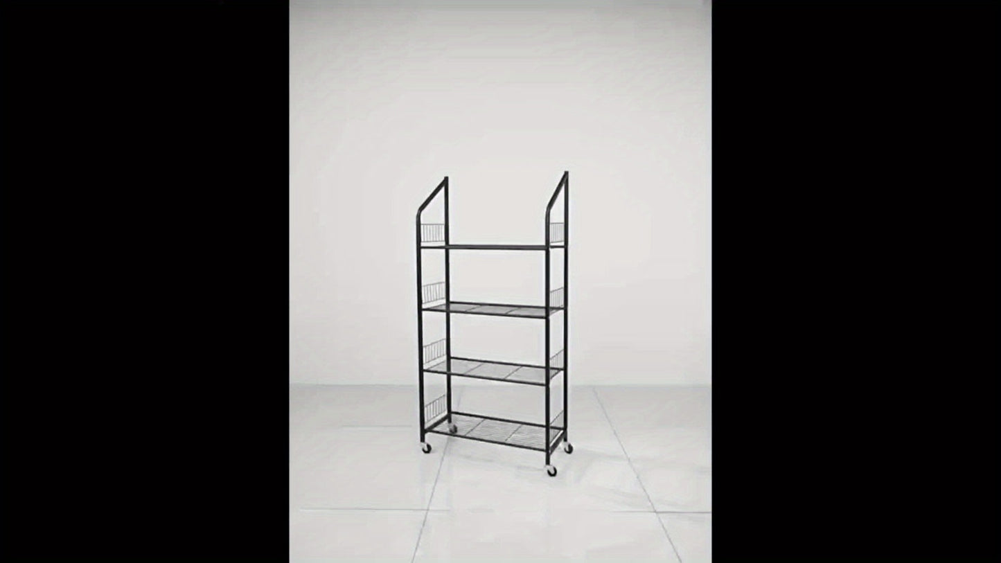 4-Tier Metal Display Rack with Wheels – Rolling Floor Shelf for Kitchen, Store & Home Storage Organization