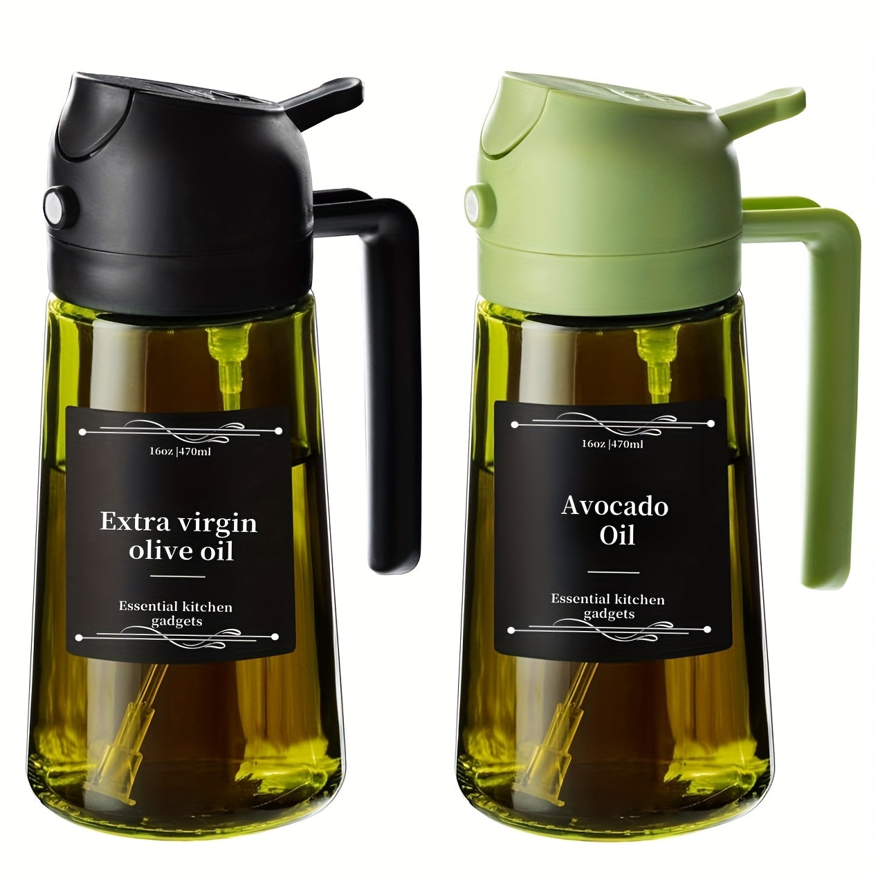 Olive Oil Dispenser Bottle 2-in-1 Glass Oil Sprayer & Dispenser 16oz Kitchen Cooking Oil Bottle with Labels for BBQ, Salad, Air Fryer & Grilling – 2 Pack