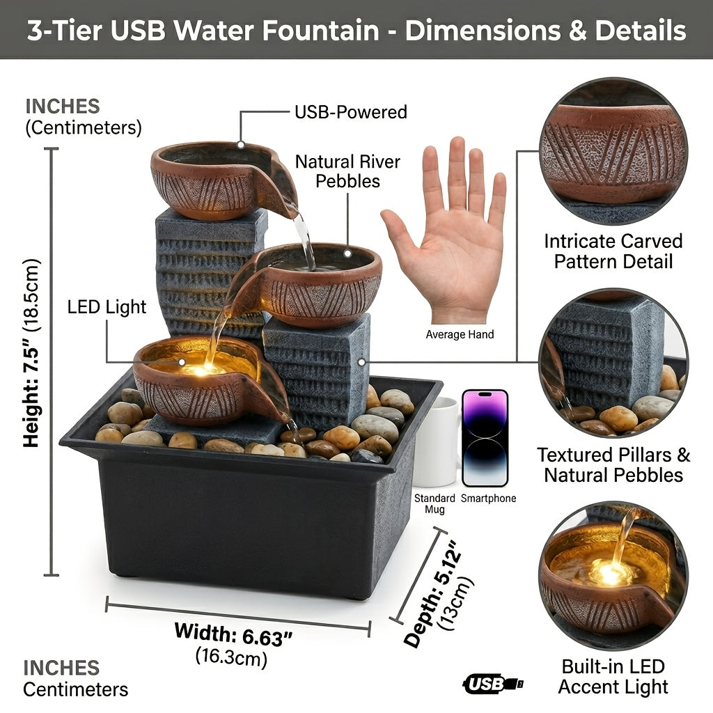 Tabletop Water Fountain Indoor – 4-Level Desktop Waterfall with LED Lights & Natural River Stones, USB Powered Meditation Fountain for Home Office Relaxation, Zen Desk Decor with Bubble Balls