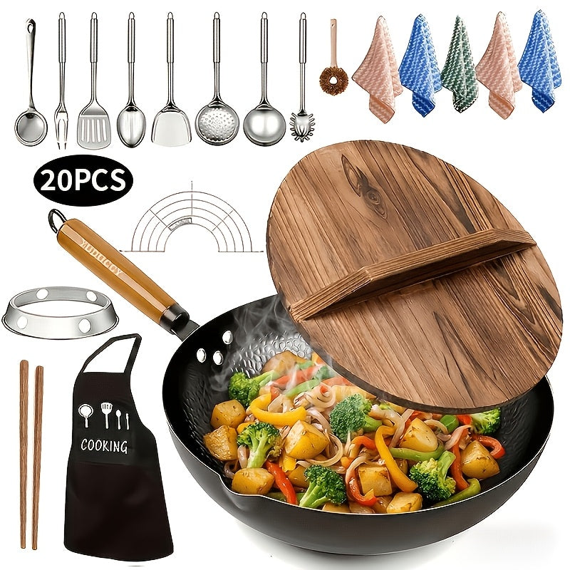 Carbon Steel Wok Set with Lid & Accessories – 14-Piece Non-Stick Stir Fry Pan 12.6" for Gas Electric Induction All Stoves | Wok Pan with Spatula Brush Ring Utensils Kitchen Cooking Set