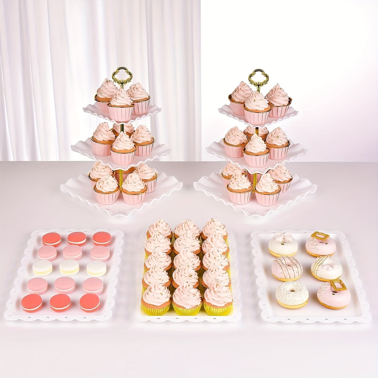 Cake Stand Set 5 Piece – 2 Square Three-Tier Cupcake Stands & 3 Appetizer Trays for Birthday, Baby Shower, Bridal Shower, Christmas, Halloween Party Dessert Display
