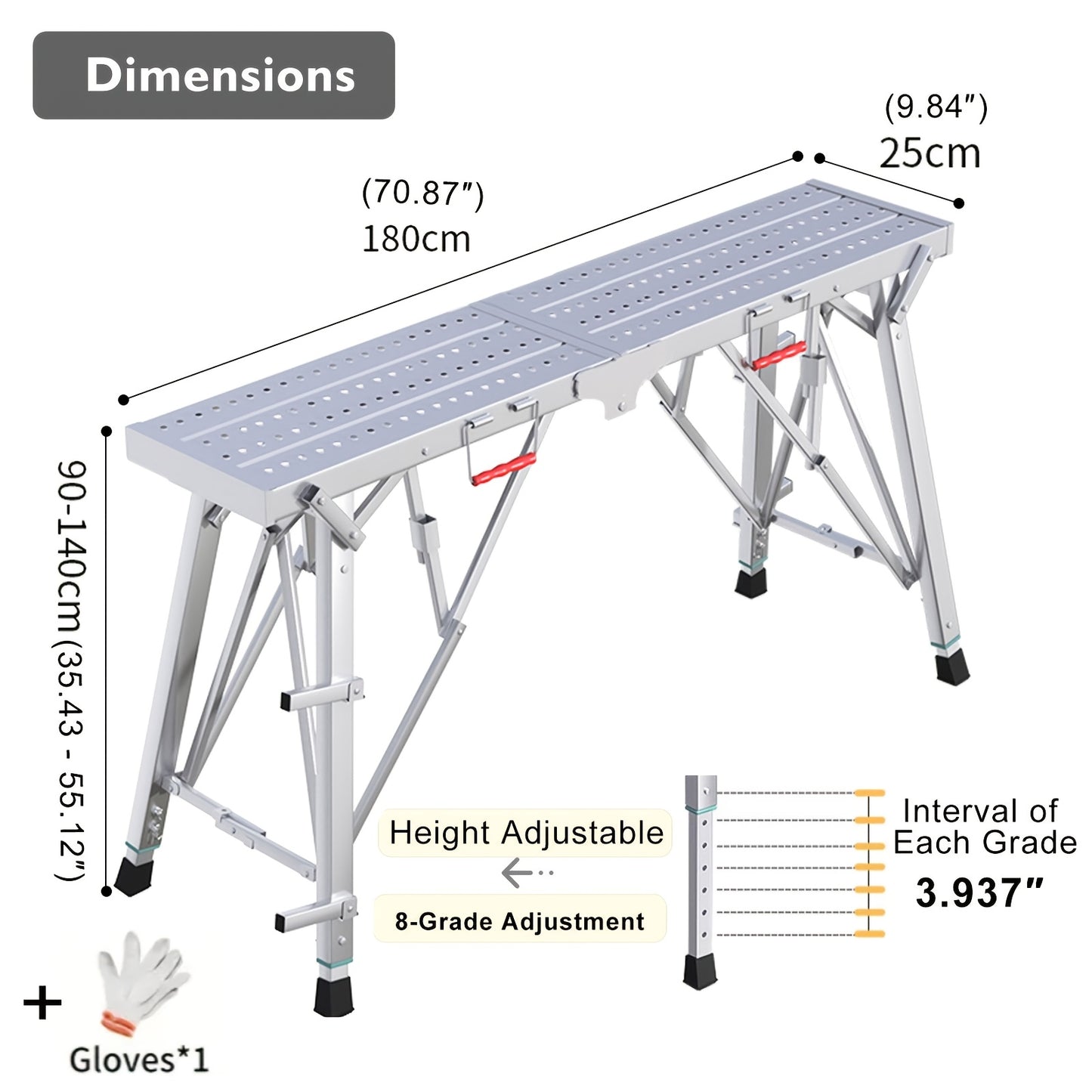 Adjustable Folding Scaffolding Work Platform 800 lbs, Portable Drywall Bench Step Ladder with Anti-Slip Feet & Safety Lock, Height 31.5"-49.2", for Painting, Cleaning, Car Washing & Decorating