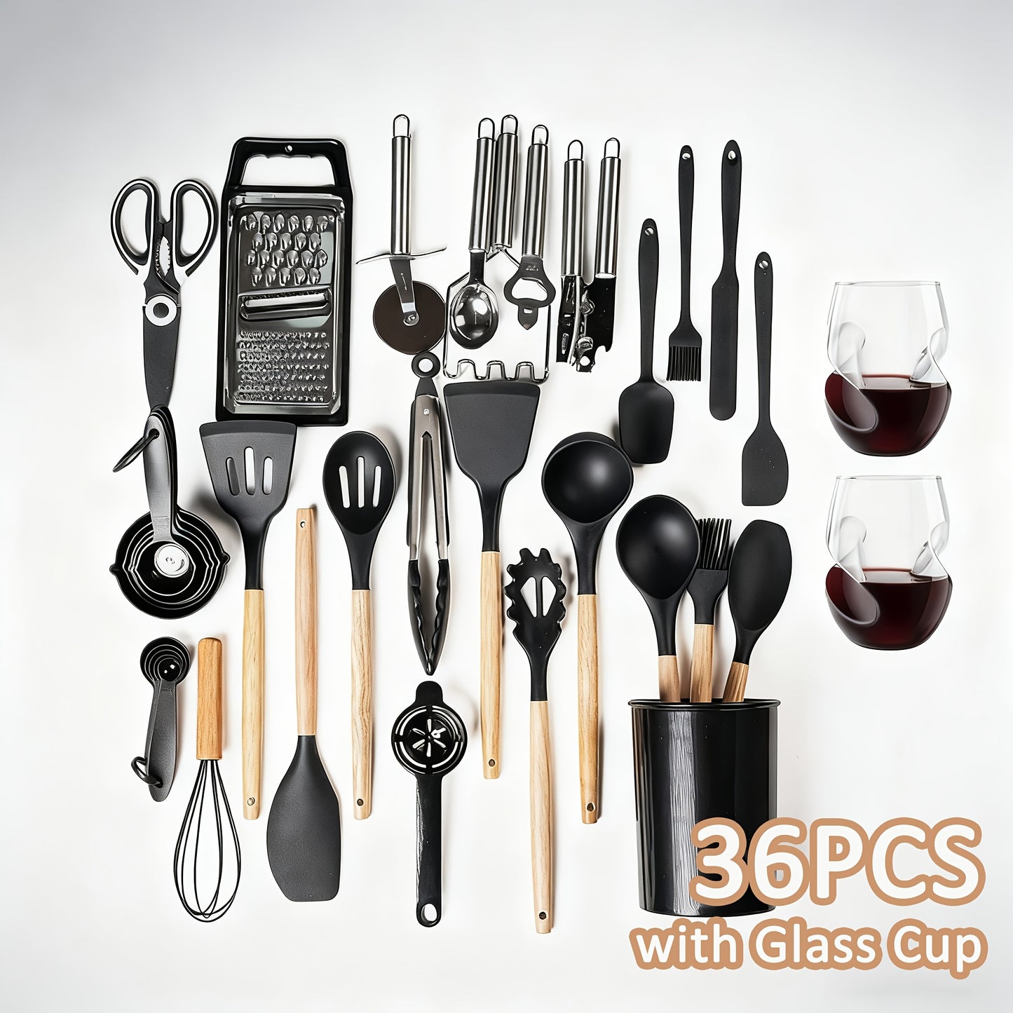 Silicone Cooking Utensils Set 35-Piece with Holder Rack Wooden Handle Heat Resistant Kitchen Tools for Non-Stick Pans β Complete Kitchen Utensil Set in Multiple Colors