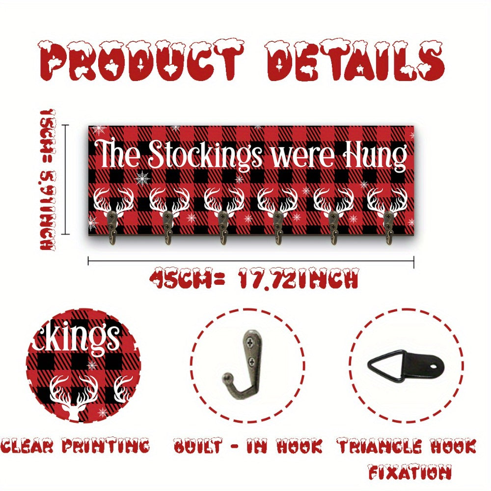 Christmas Stocking Holder with 6 Hooks – Wooden Sign Wall Rack with Snowflake Design & "The Stockings Were Hung" Quote, Santa Claus Mantel Hanger for Holiday Fireplace Decor