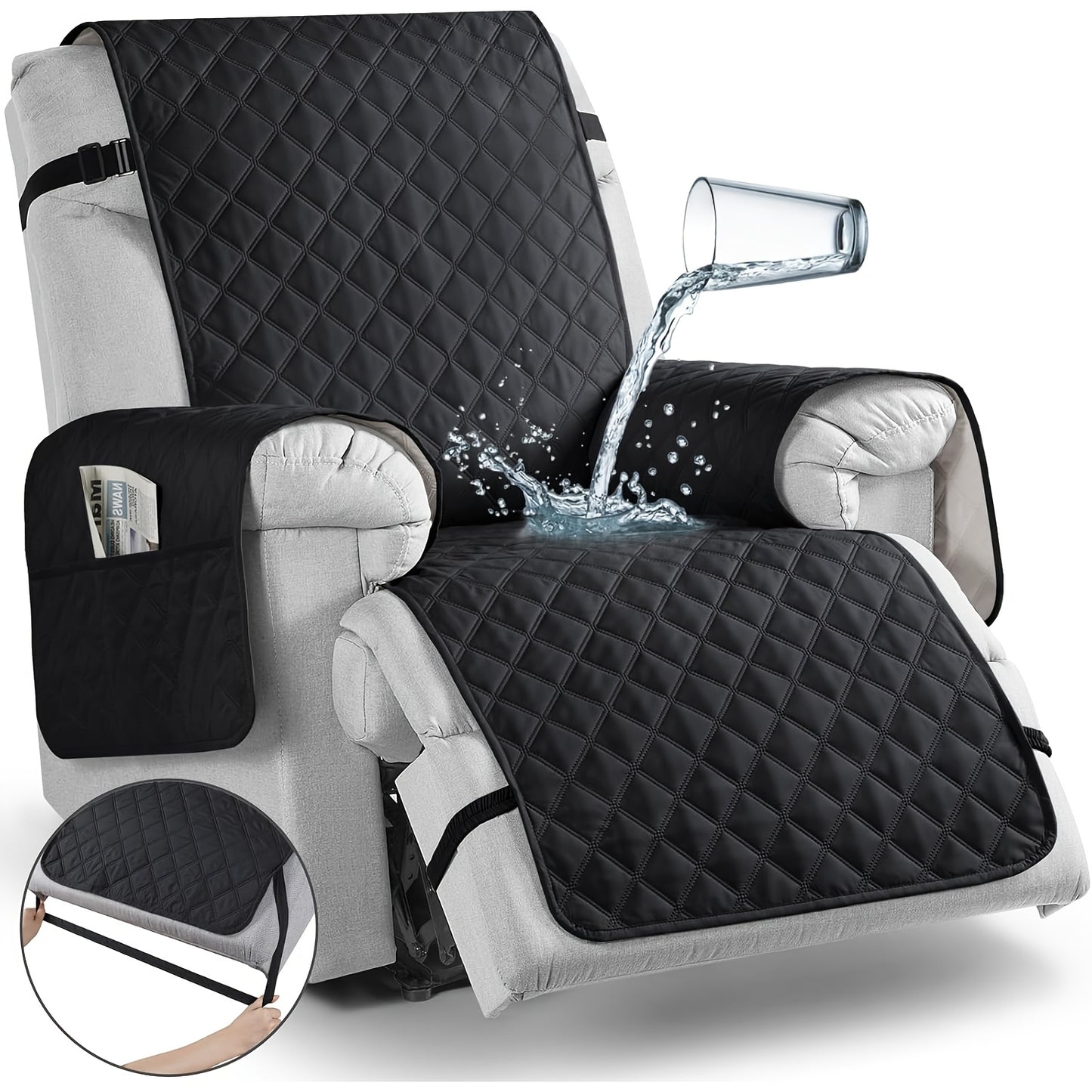 Waterproof Recliner Chair Cover with Pocket | Non-Slip Washable Reclining Sofa Protector for Dogs Cats, Adjustable Strap