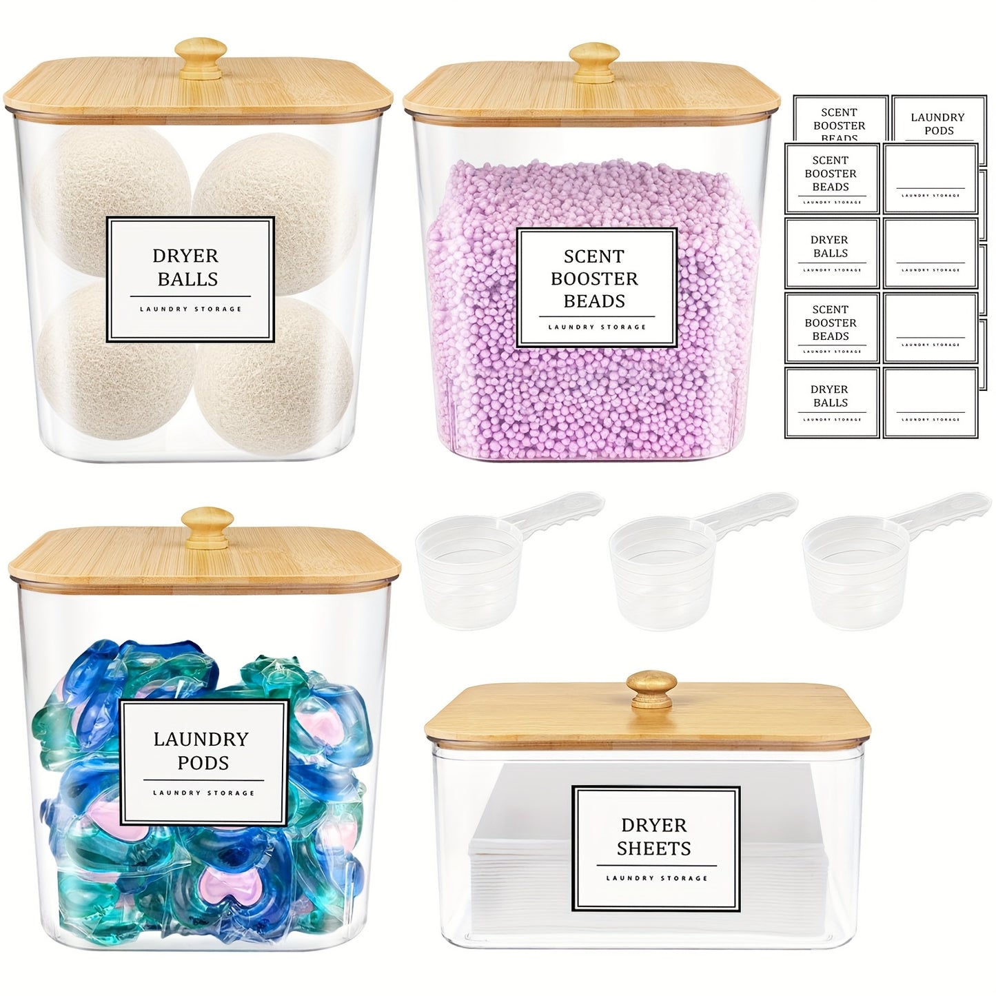 Laundry Pods Container & Dryer Sheet Holder Set with Bamboo Lids, Clear Laundry Room Organization Containers for Scent Booster, Powder, Pods – 3+1 Pack