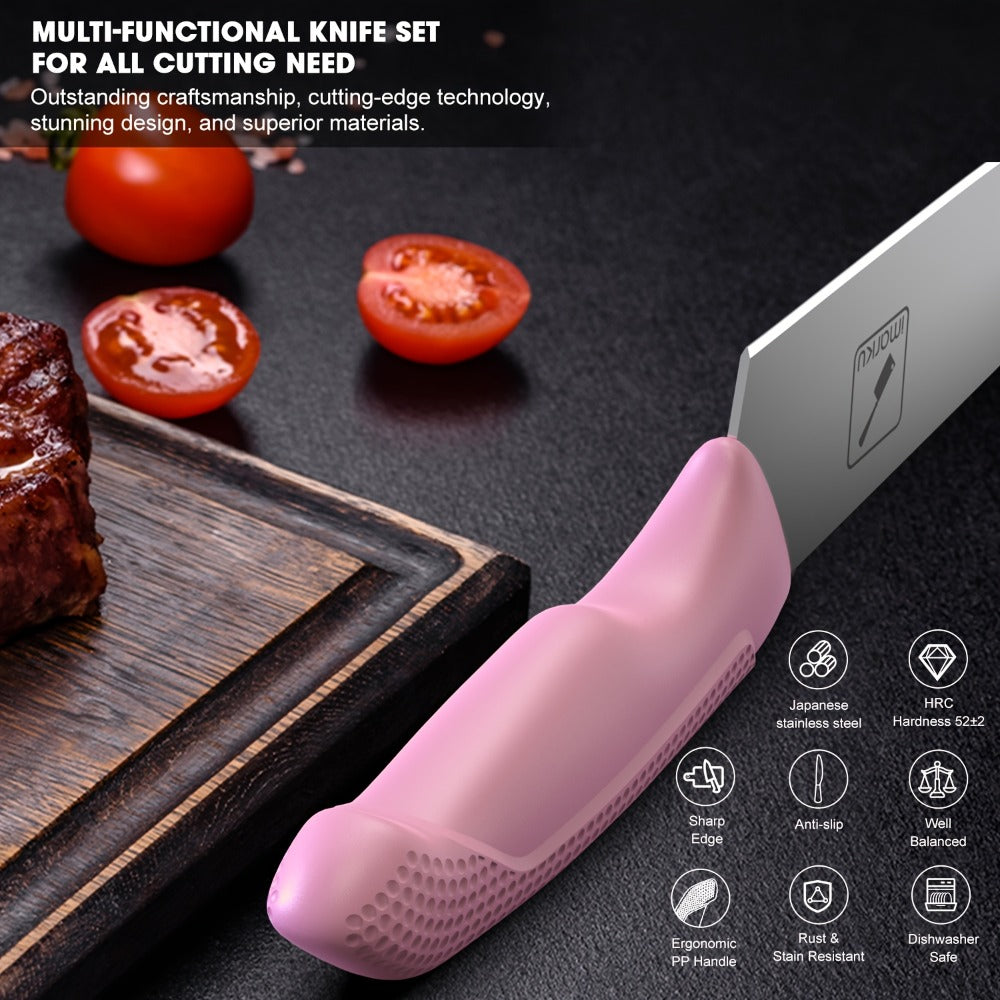 Knife Block Set 14 Piece Pink – Japanese Stainless Steel Kitchen Knife Set with Built-in Sharpener, Non-Slip Ergonomic Handles, Dishwasher Safe, Perfect Holiday & Housewarming Gift for Women
