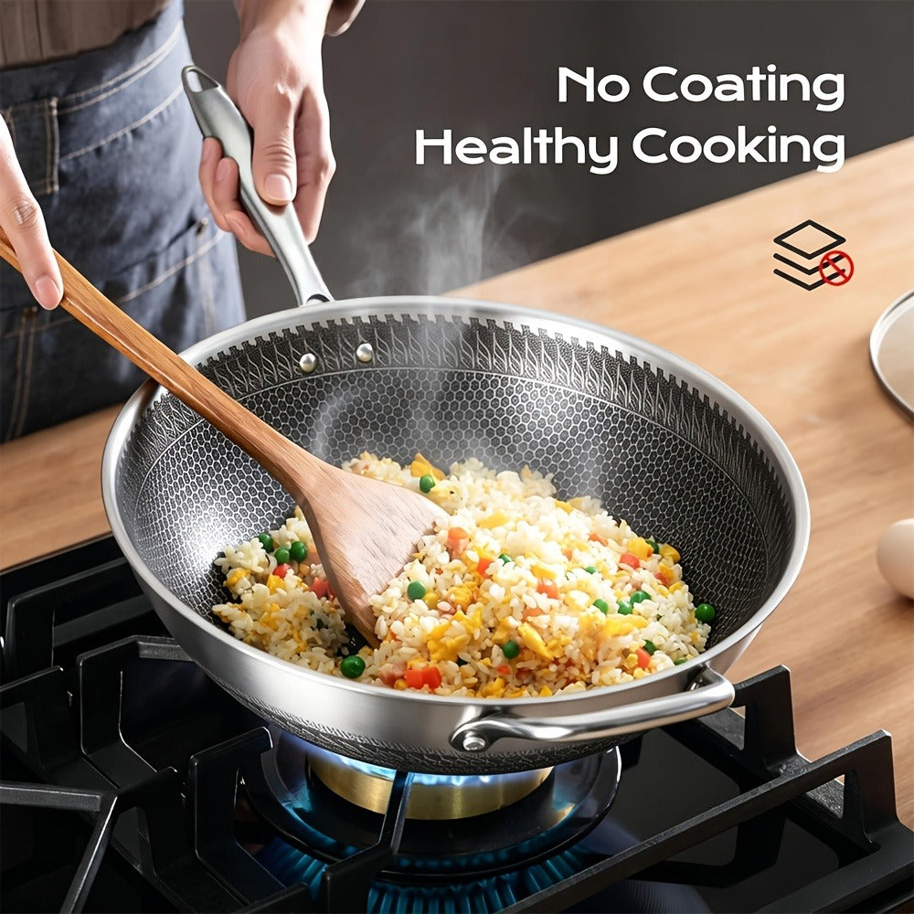 Stainless Steel Wok Set 13.3 Inch Non-stick Honeycomb Design with Lid & 2 Cookware Accessories – Induction Compatible Cooking Pan for Electric Ceramic Gas Stove, Dishwasher Safe