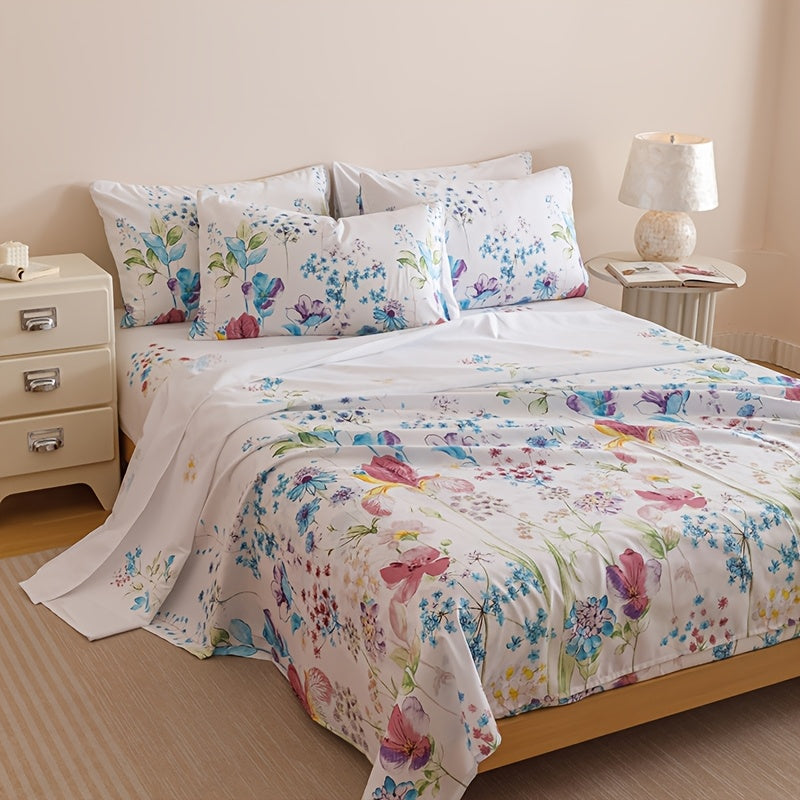 Floral Bedding Set 4-Piece β 1 Fitted Sheet + 1 Flat Sheet + 2 Pillowcases | Soft Breathable Polyester | All-Season Flower Print Bed Sheet Set | Machine Washable | Twin Full Queen King