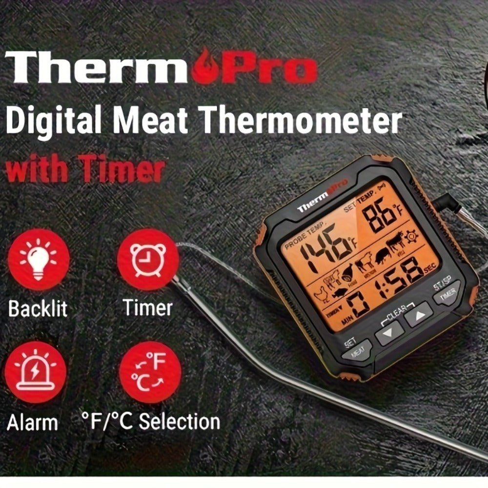 Digital Meat Thermometer with Probe Backlit Display Temp Alert for BBQ Smoker Oven Cooking - 6 Meat Presets 3 Doneness Levels Wide Range 14°F to 572°F Countdown Timer Kitchen Cooking Thermometer