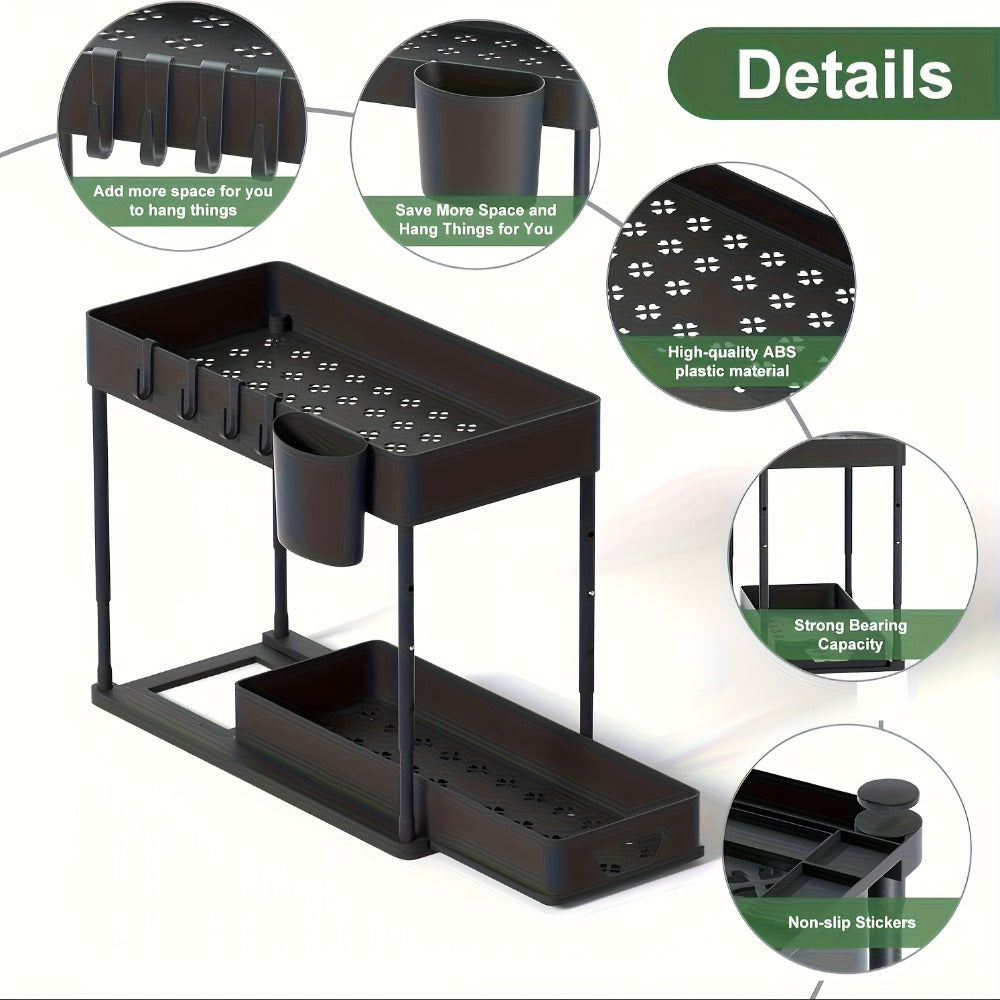 Under Sink Organizer 2-Tier Sliding Cabinet Basket with Hooks – Adjustable Bathroom Kitchen Shelf Storage Rack for Cabinets