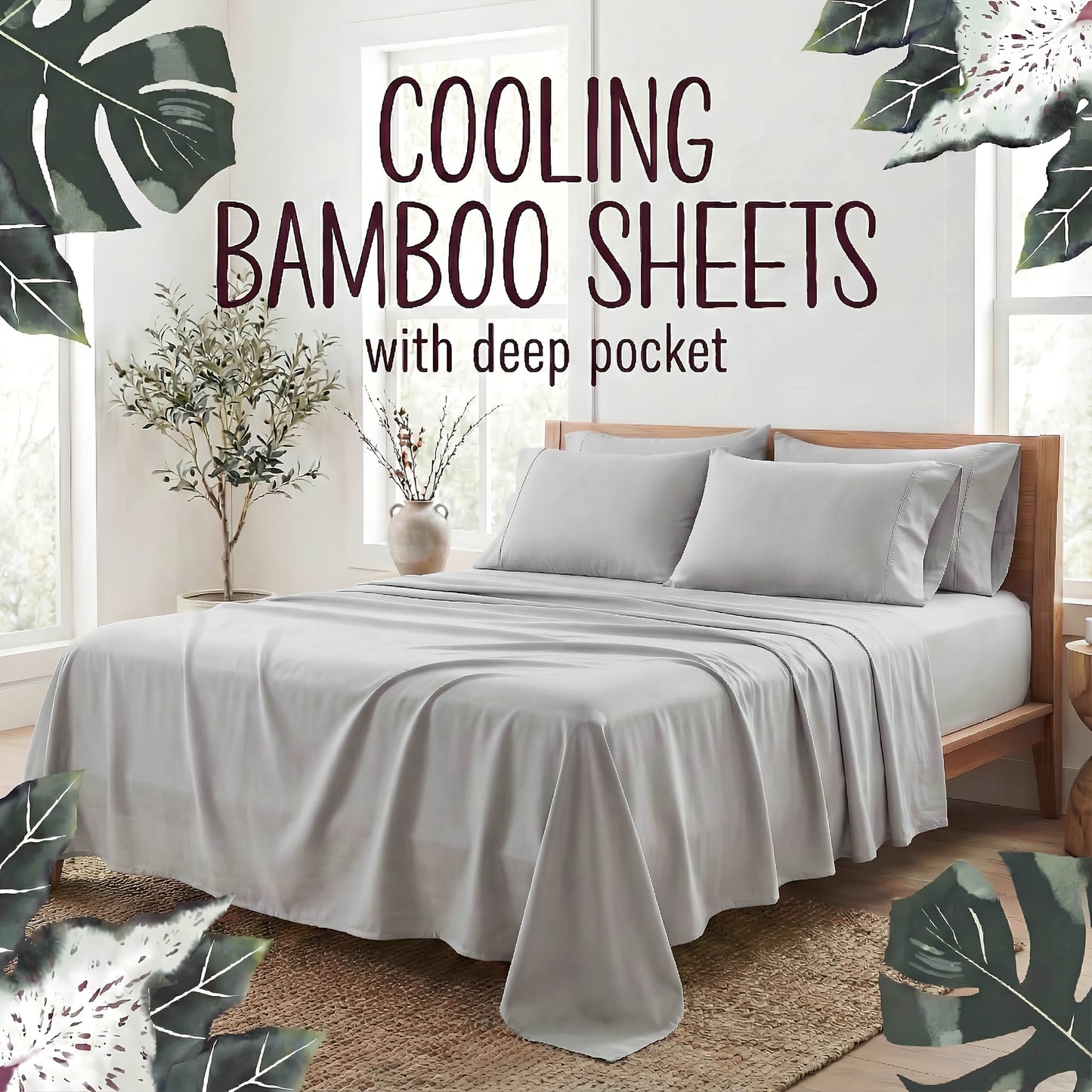 Bamboo Fiber Bed Sheet Set 4-Piece – Cooling Sheets, Hypoallergenic, Deep Pocket Fitted Sheet, Wrinkle-Free Bedding for All Seasons, Twin Full Queen King