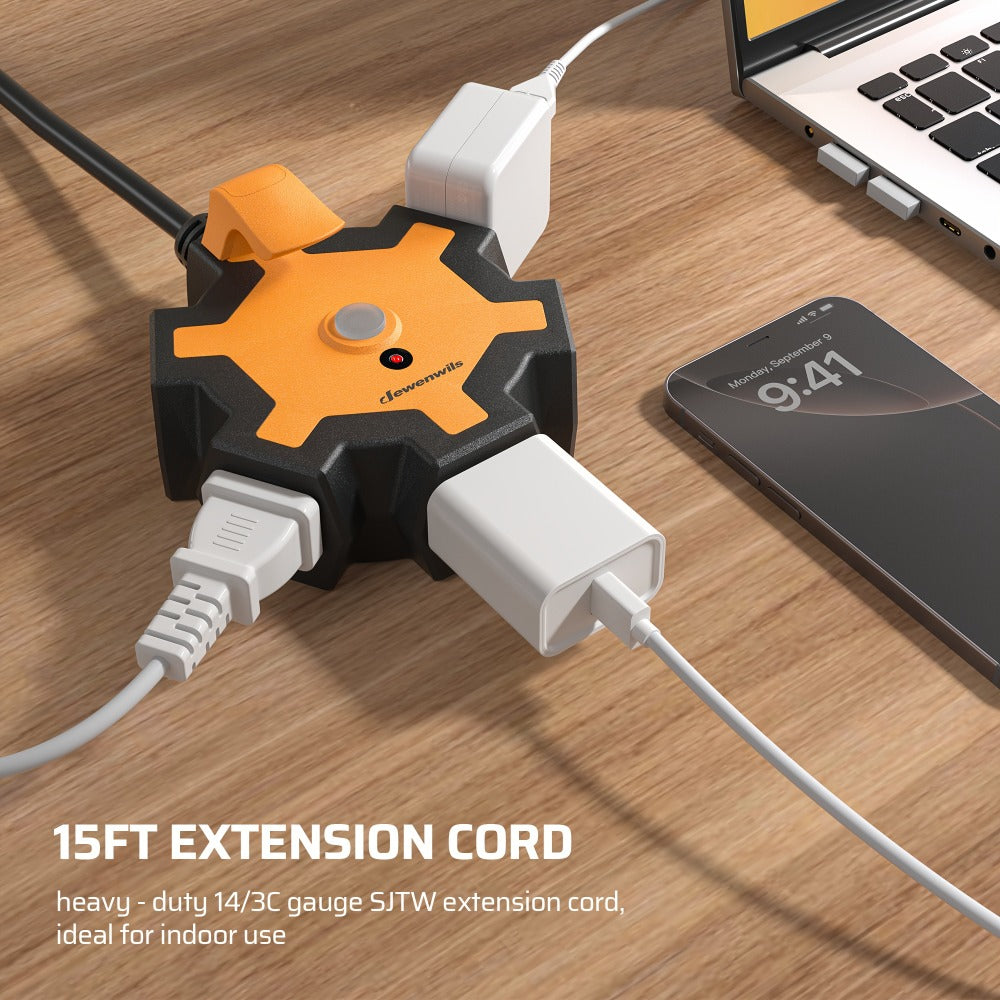 Industrial Power Strip 5-Outlet 15ft Heavy Duty Extension Cord 14/3 AWG SJTW Circuit Breaker Swivel Safety Covers for Garage Workshop Workbench