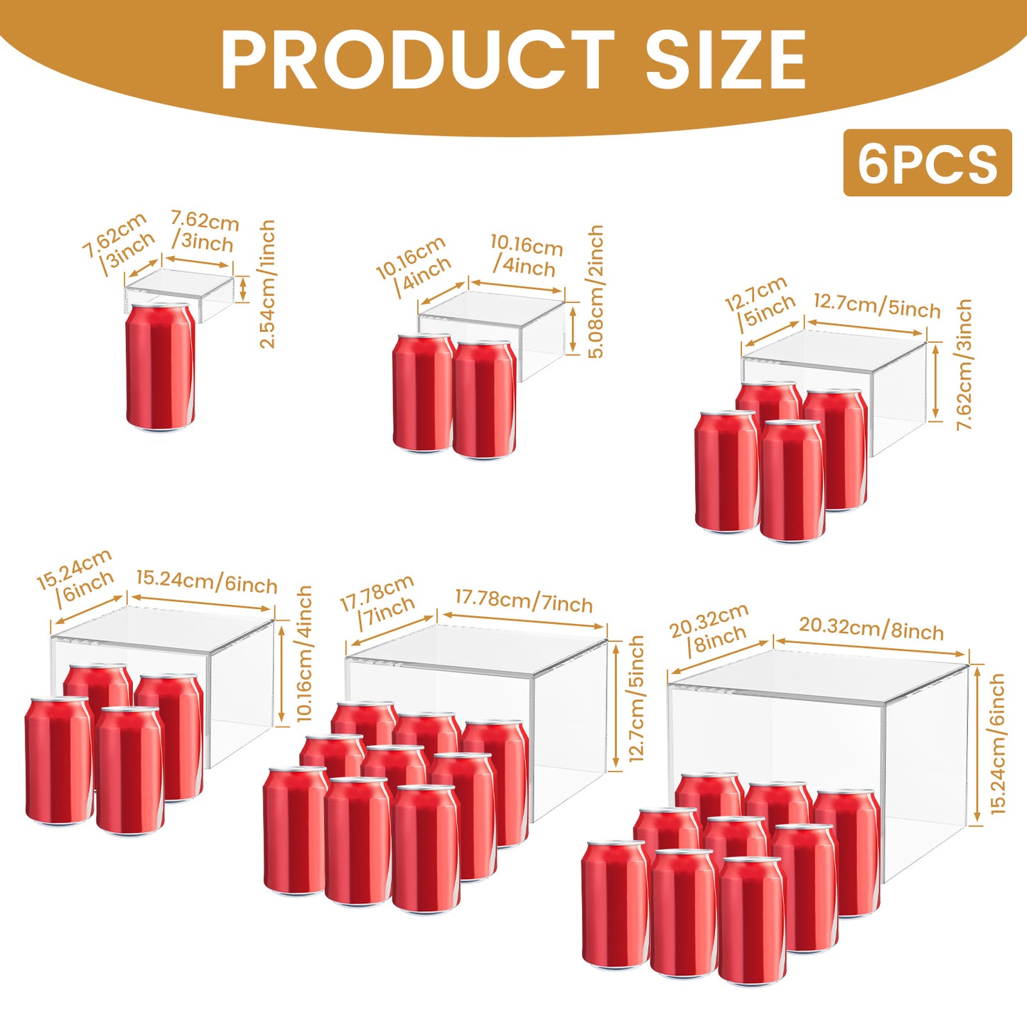 Acrylic Buffet Risers 6pcs Display Stand Set 8 Sizes 3"-10", Cube Box Riser Shelf for Party Catering Dessert Table, Food Display Stand for Collectibles Cupcakes Jewelry, White or Clear