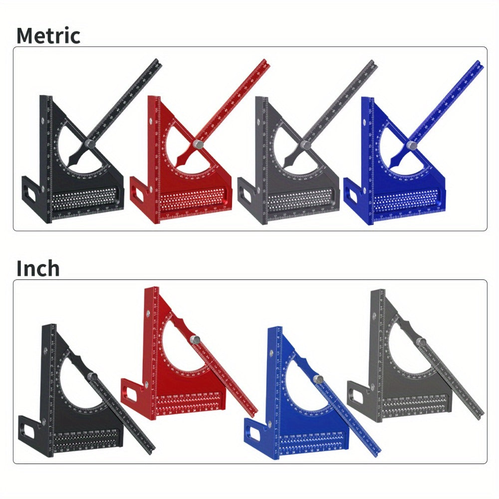 Adjustable 3D Carpentry Square Set 180° Rotating Aluminum Alloy Triangle Ruler T-Square with Scribing Holes Red Black Markings Woodworking Measurement Tool
