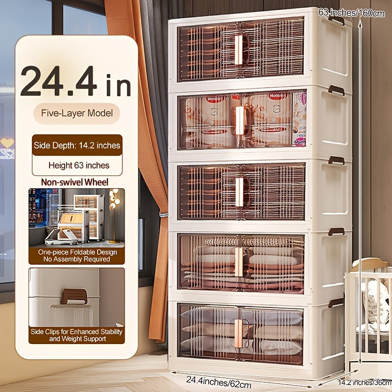 Folding Storage Cabinet with Wheels, 3/4/5-Tier Stackable Plastic Storage Bins with Lids & Magnetic Doors, Foldable Large Organizer with 360° Lockable Wheels for Home Office Kitchen Bathroom Garage