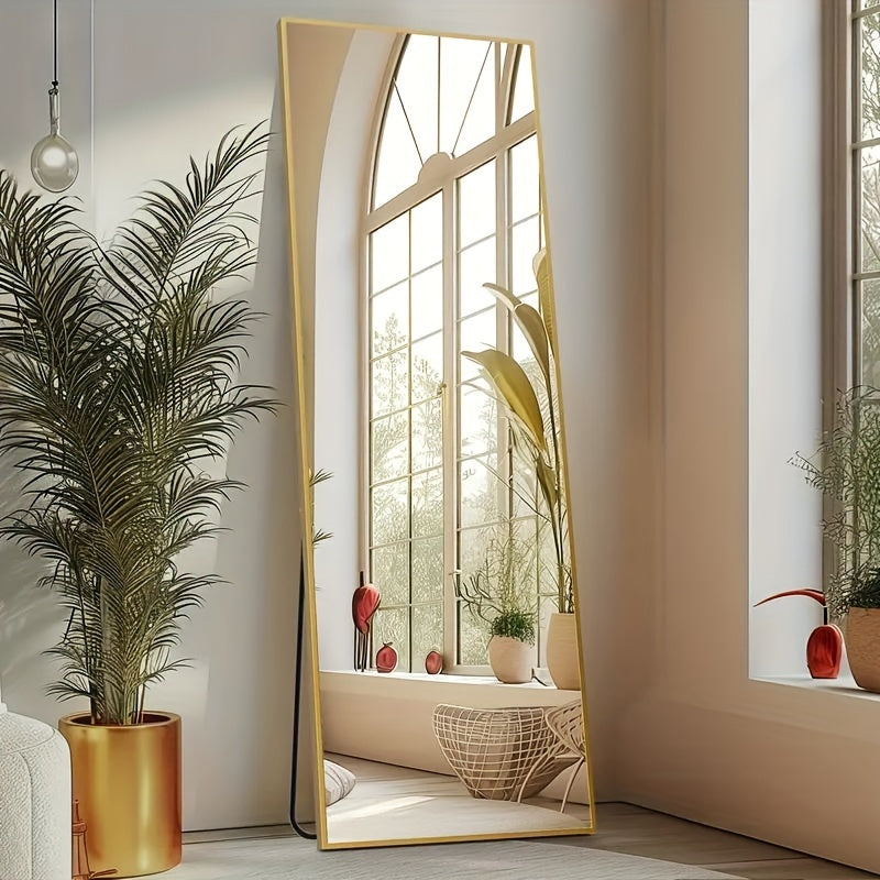 Full Length Mirror 59"x16" Arched Leaning Wall Mirror, Aluminum Alloy Thin Frame, Vertical or Tilted, Black & Gold